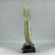 Natural Green Serpentine Fairy with Butterfly with Wooden Stand Display 336.9g 132.0 by 201.0 by 68.0mm - Huangs Jadeite and Jewelry Pte Ltd