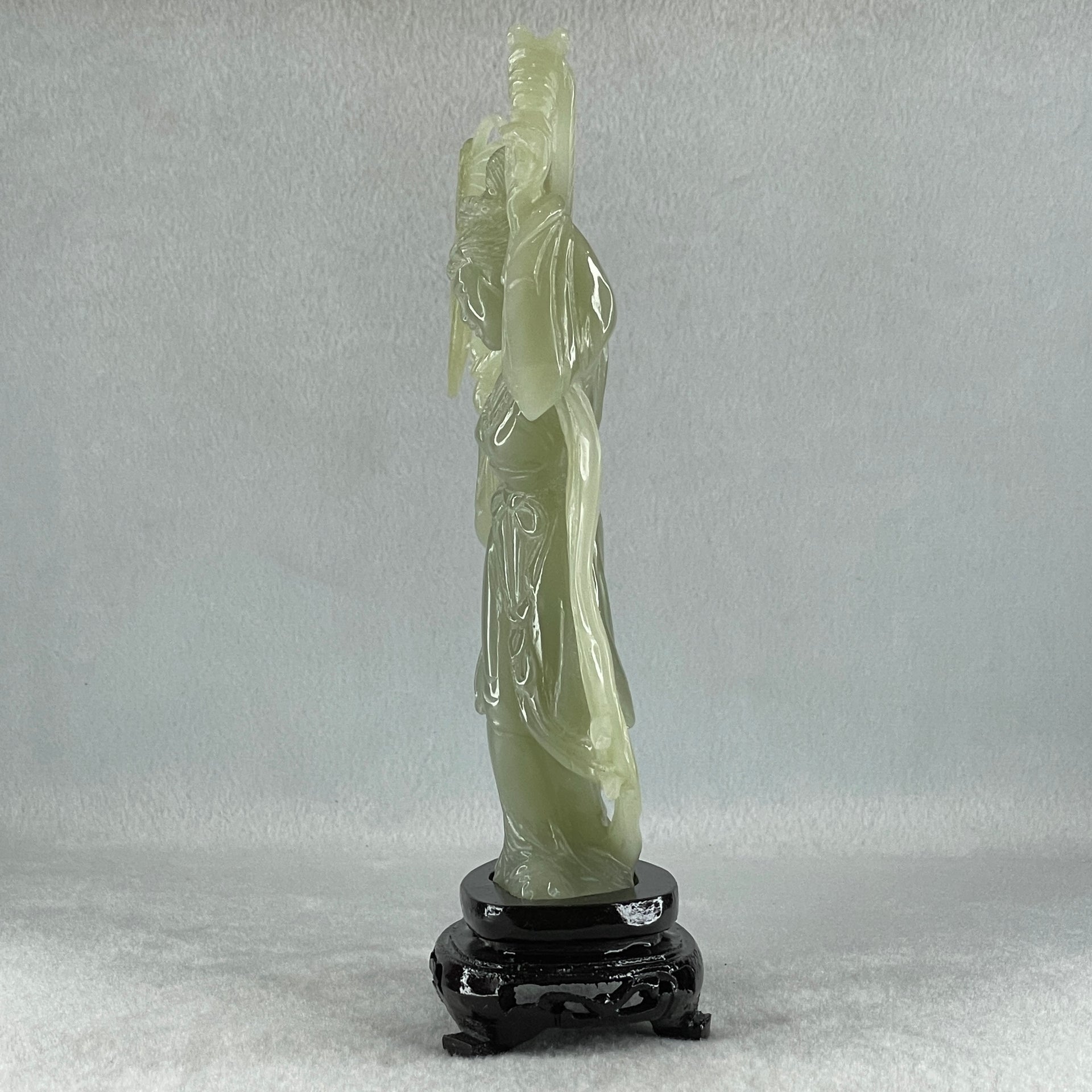 Natural Green Serpentine Fairy with Butterfly with Wooden Stand Display 336.9g 132.0 by 201.0 by 68.0mm - Huangs Jadeite and Jewelry Pte Ltd