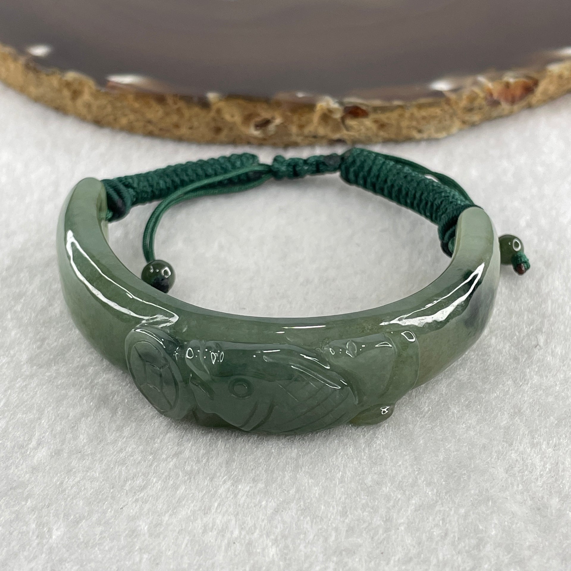 Natural Type A Jelly Green with Dark Green Piao Hua Jadeite Carp Fish with Coin Bracelet 37.48g 16cm 14.0 by 11.8mm - Huangs Jadeite and Jewelry Pte Ltd