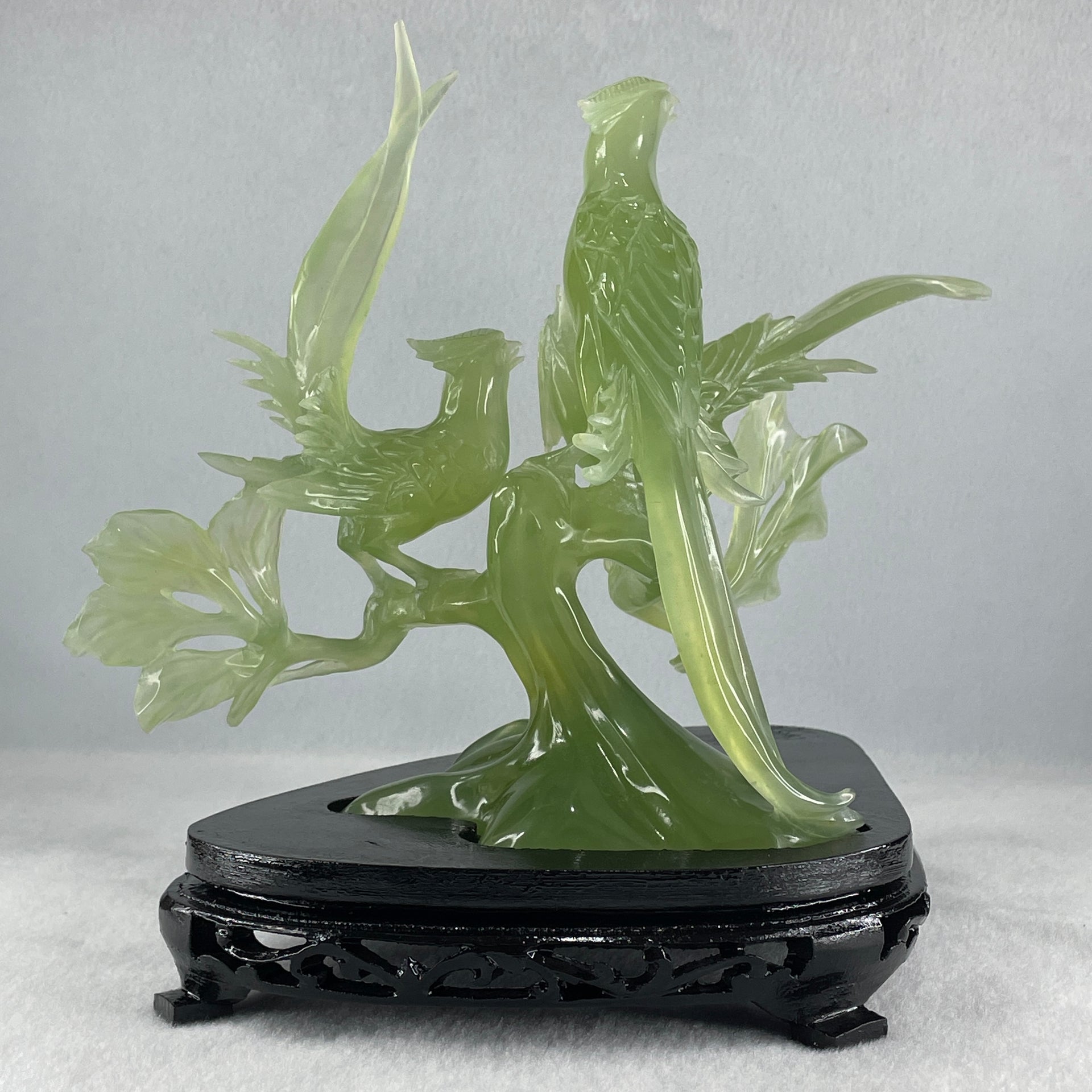 Natural Semi Icy Green Serpentine 3 Phoenix on Tree with Wooden Stand Display 705.1g 242.0 by 140.0 by 195.0mm - Huangs Jadeite and Jewelry Pte Ltd