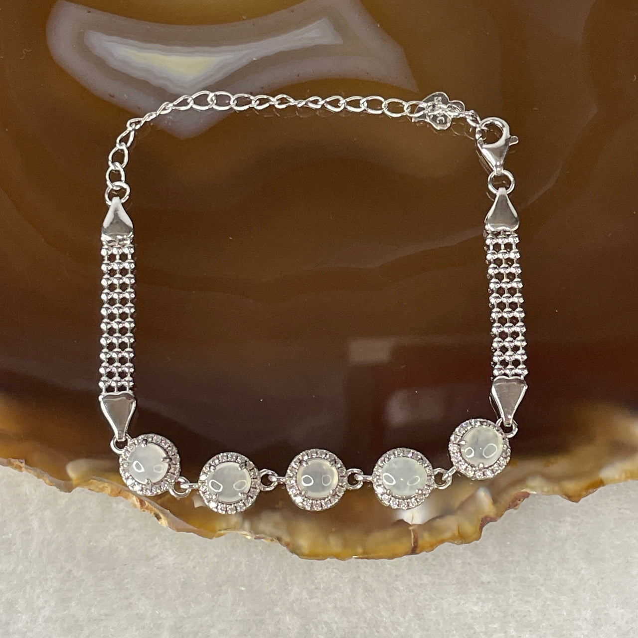 Natural Type A Icy Light Blueish Green Jadeite Multi-Cabochon Bracelet | S925 Sterling Silver Adjustable 13-16cm Glacial Ocean Fine Jewelry Layering Chain (5.47g, 5.0x2.0mm 5 Pieces)