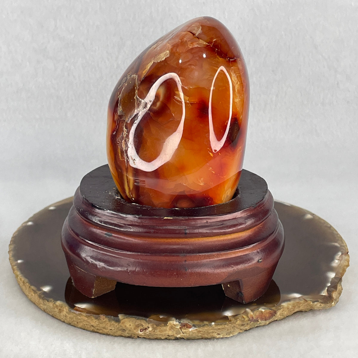 Natural Carnelian Agate Triangular Sculpture Display with Wooden Stand | Fiery Vitality & Sacred Geometry (502.4g | 98.0x87.5x110.5mm | Synergy, Creative Ignition, Executive Motivation & Feng Shui Wealth Fire)