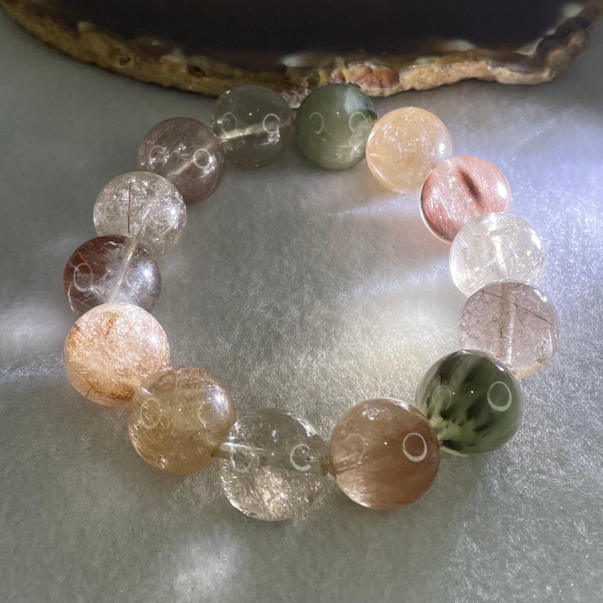 Average Grade Natural Copper with Green Rutilated Quartz Beads Bracelet 70.65g 16cm 15.4mm 14 Beads - Huangs Jadeite and Jewelry Pte Ltd