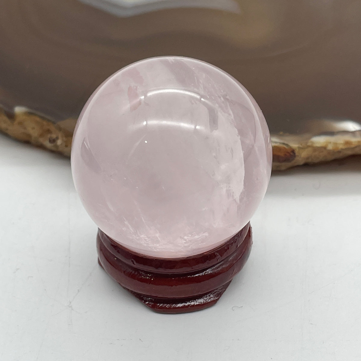 Above Average Natural Rose Quartz Mini Ball with Wooden Stand Display | (70.80g | 36.4mm | 44.0mm | Catalyst, "Zhao Tao Hua" Love & Interpersonal Charm Magnet, 360° Energy Harmonizer & Feng Shui Prosperity Sphere)