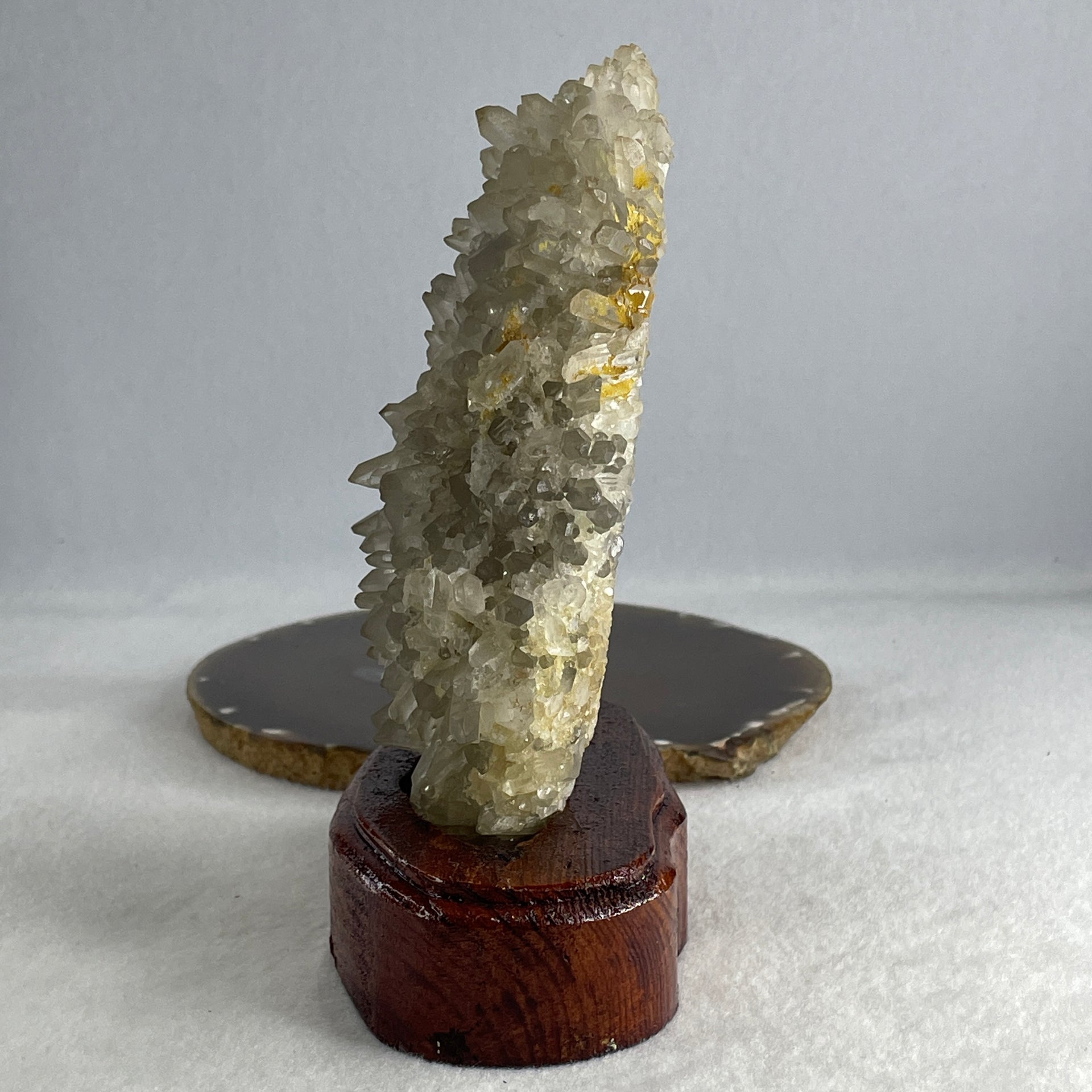 Natural Clear Quartz Crystal Cluster Display with Wooden Stand 705.70g 119.0 by 66.5 by 160.0mm - Huangs Jadeite and Jewelry Pte Ltd