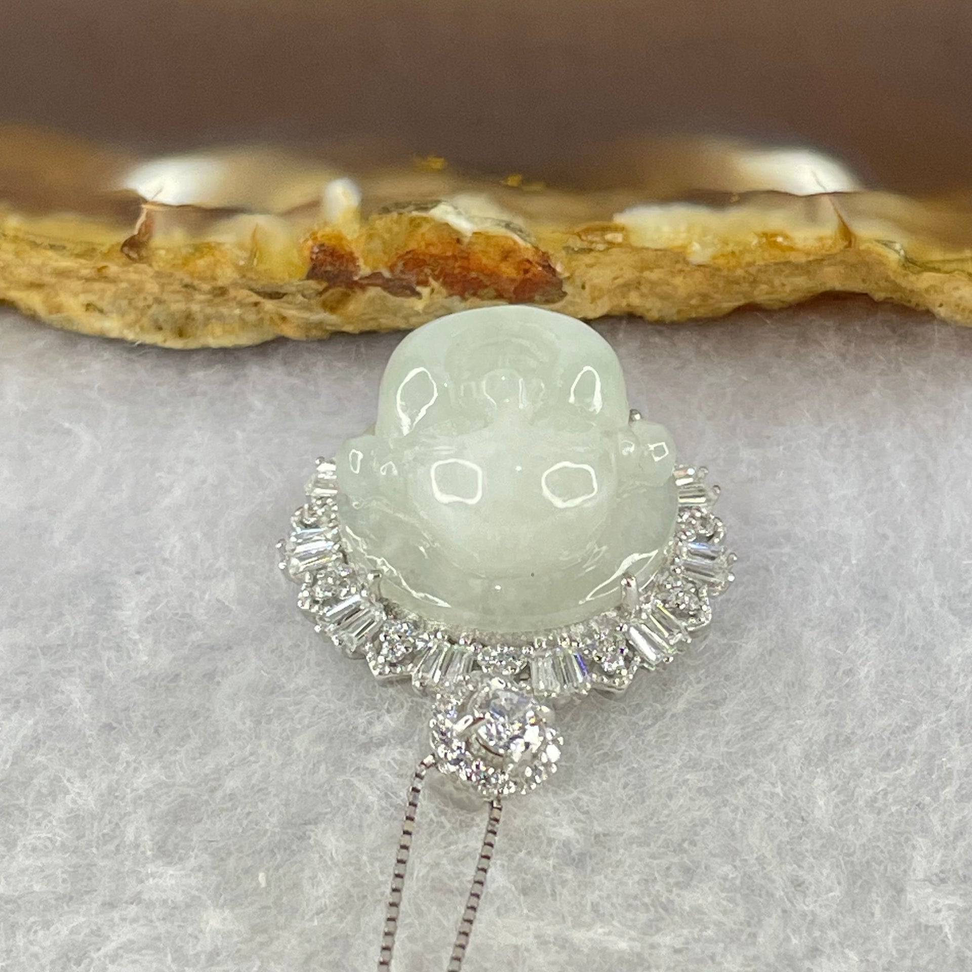 Type A Faint Lavender Green Milo Buddha with Crystals in S925 Sliver Pendant and Necklace 7.52g 16.3 by 16.3 by 11.3mm - Huangs Jadeite and Jewelry Pte Ltd