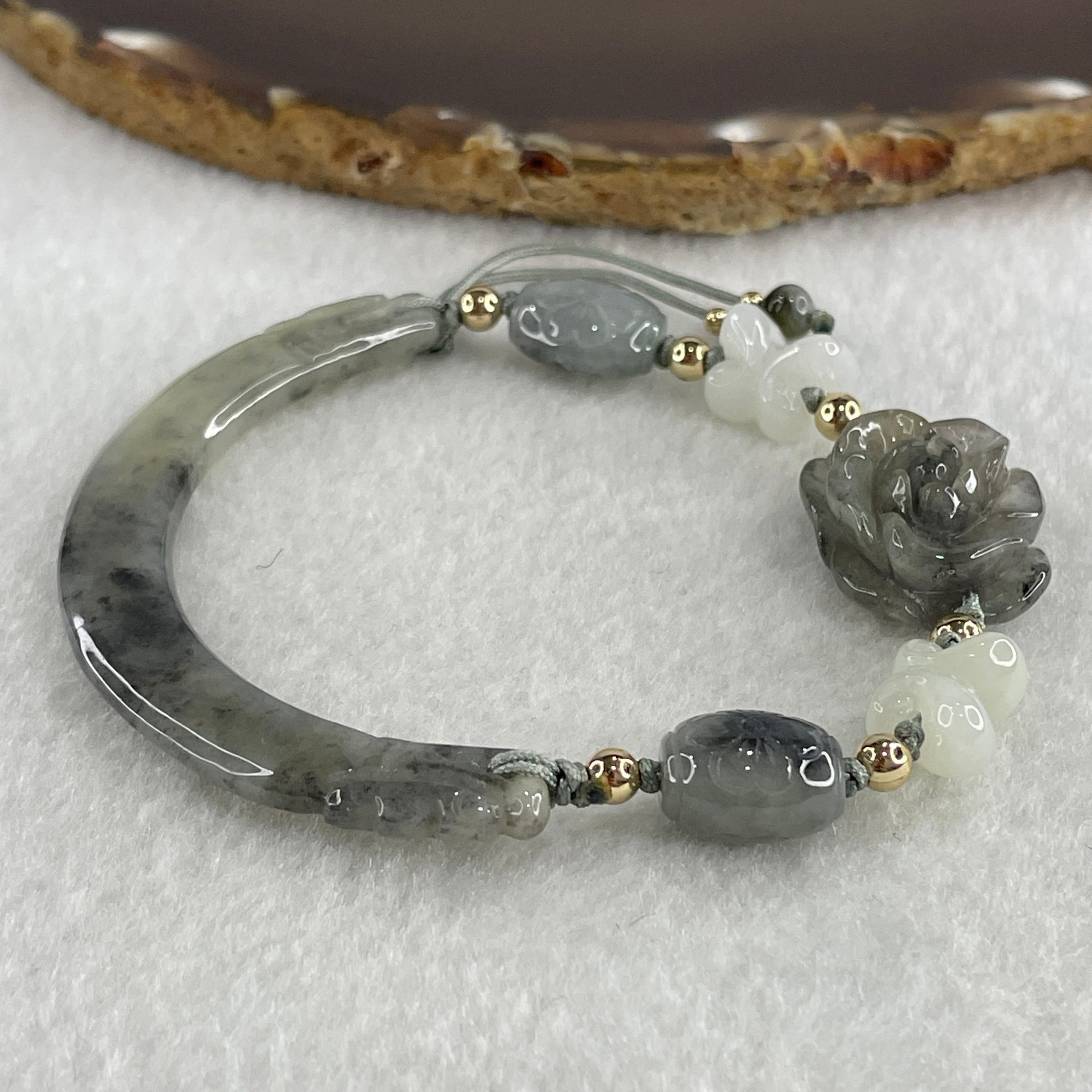 Natural Type A Jelly Wuji Grey Jadeite Double Dragon Head with Lotus Flowers and Butterfly Charm Bracelet 22.46g 4.2 by 8.7mm - Flower 21.1 by 17.2 by 9.7mm - Huangs Jadeite and Jewelry Pte Ltd