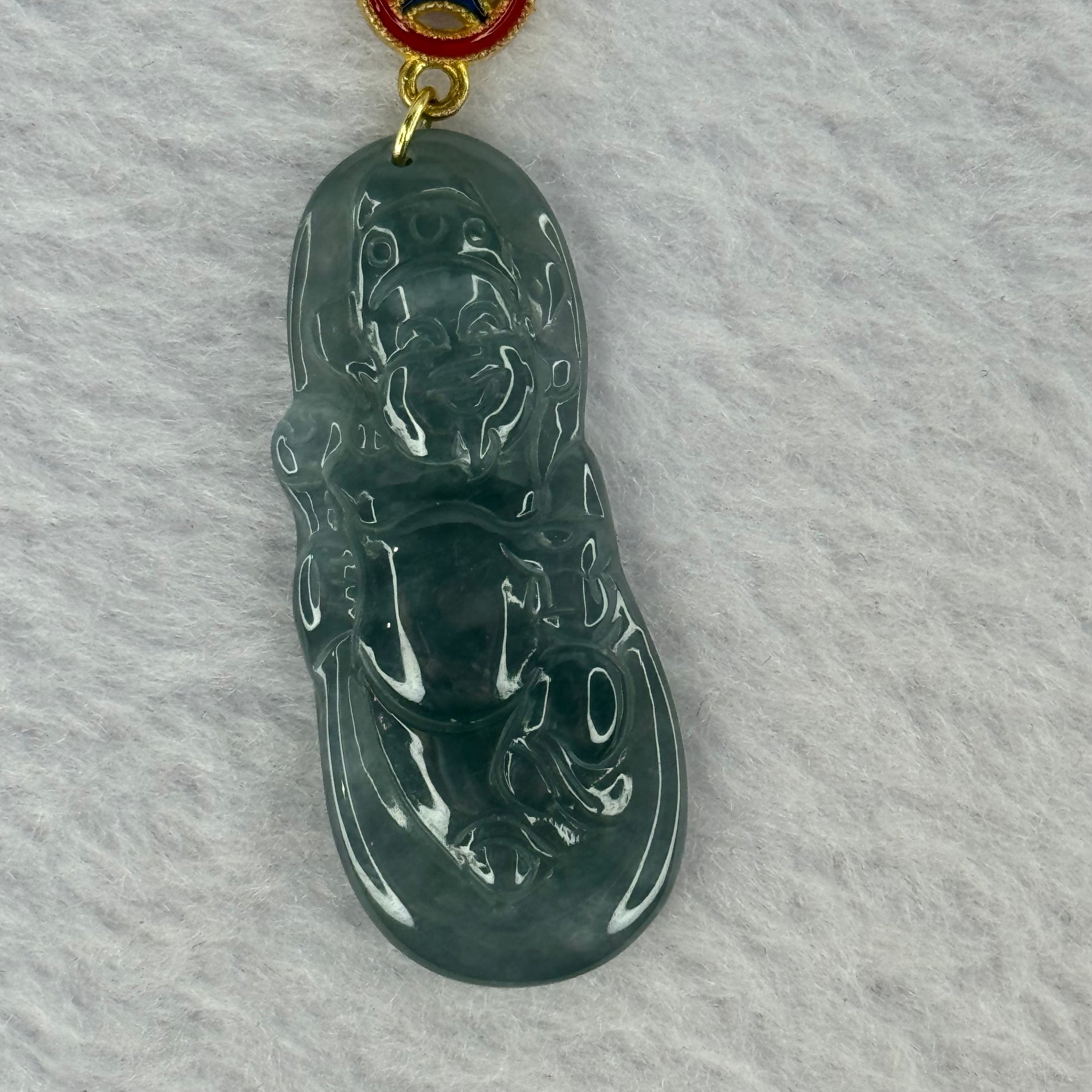 Type A Icy Blueish Green Jadeite God of Fortune Cai Shen Ye Pendent In Gold Color Necklace 8.61g 38.2 by 15.8 by 3.8mm - Huangs Jadeite and Jewelry Pte Ltd
