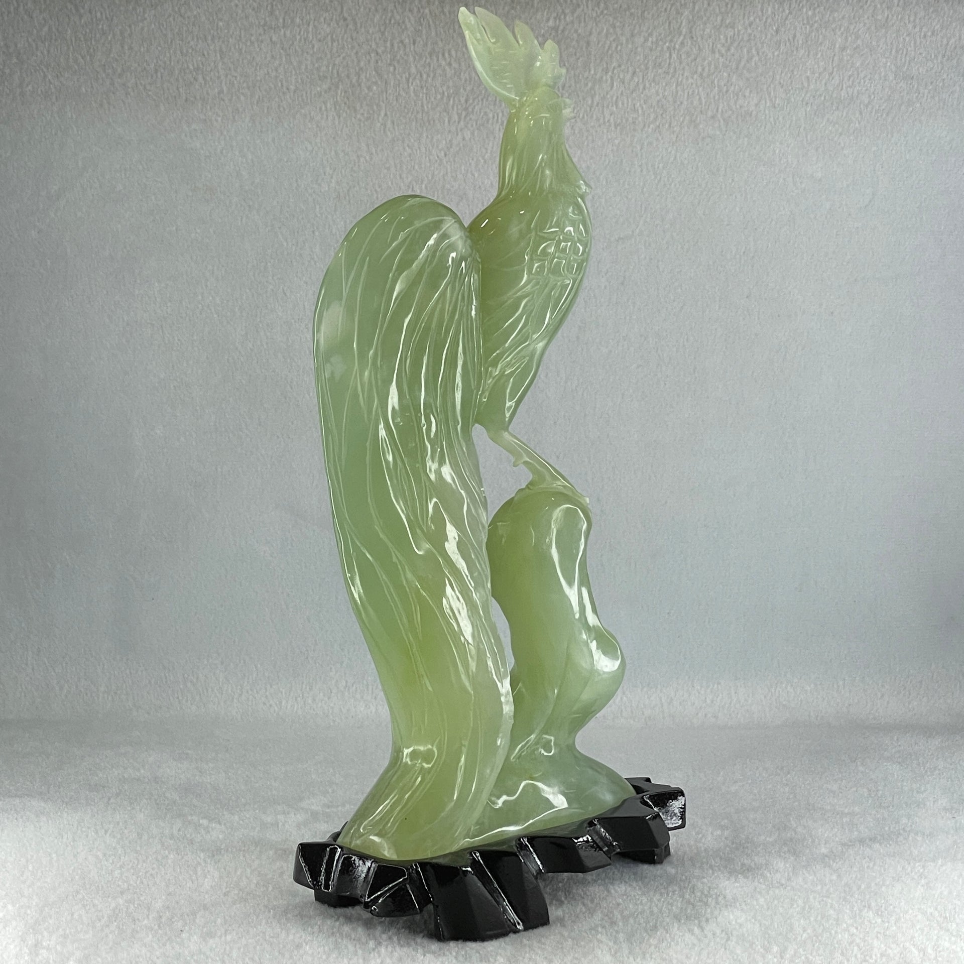 Natural Green Serpentine Rooster on Tree with Wooden Stand Display 820.9g 128.0 by 265.0 by 62.0mm - Huangs Jadeite and Jewelry Pte Ltd