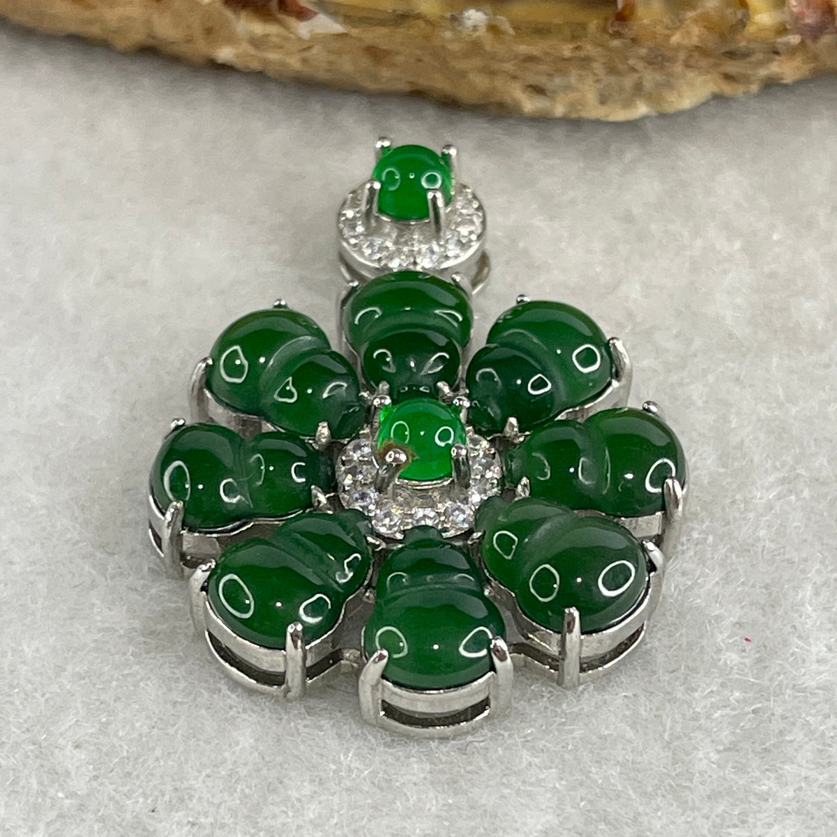 Natural Type A Omphacite Spicy Green Jadeite Hulu Flower Pendant in S925 Silver | (4.87g | 8.0 x 6.2 x 1.5mm x 8 Pcs | Bloom of Fortune & Longevity Anchor, Feng Shui Prosperity & Health Pendant) - Huangs Jadeite and Jewelry Pte Ltd