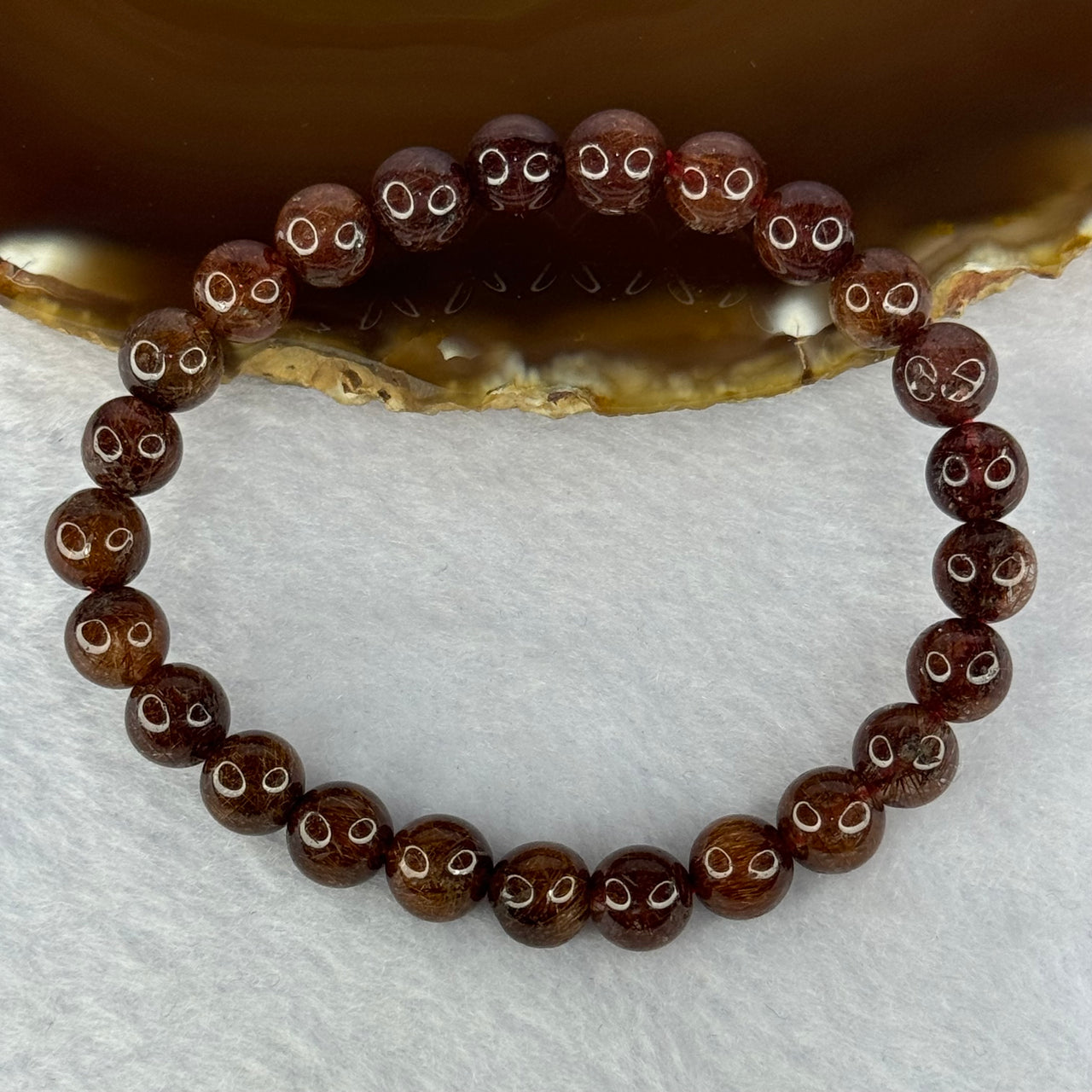 Natural Copper Rutilated Quartz Beads Bracelet 天然銅髮晶手镯 16.36g 16cm 7.9mm 25 Beads - Huangs Jadeite and Jewelry Pte Ltd