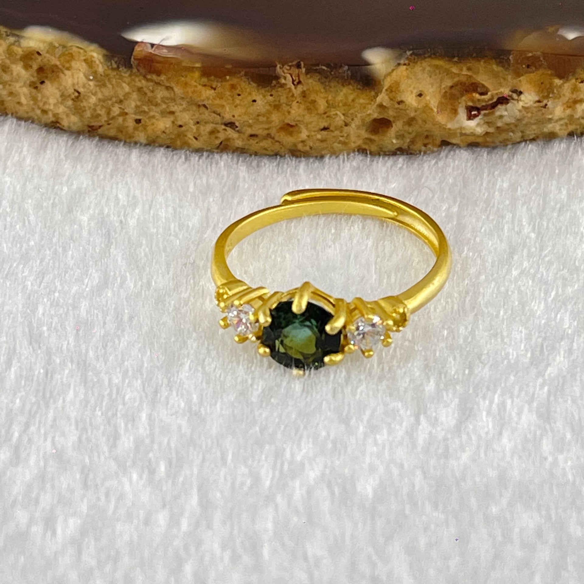 Natural Green Tourmaline with Crystals In S925 Sliver Gold Color Ring (Adjustable Size) 1.59g 3.6 by 2.6mm - Huangs Jadeite and Jewelry Pte Ltd