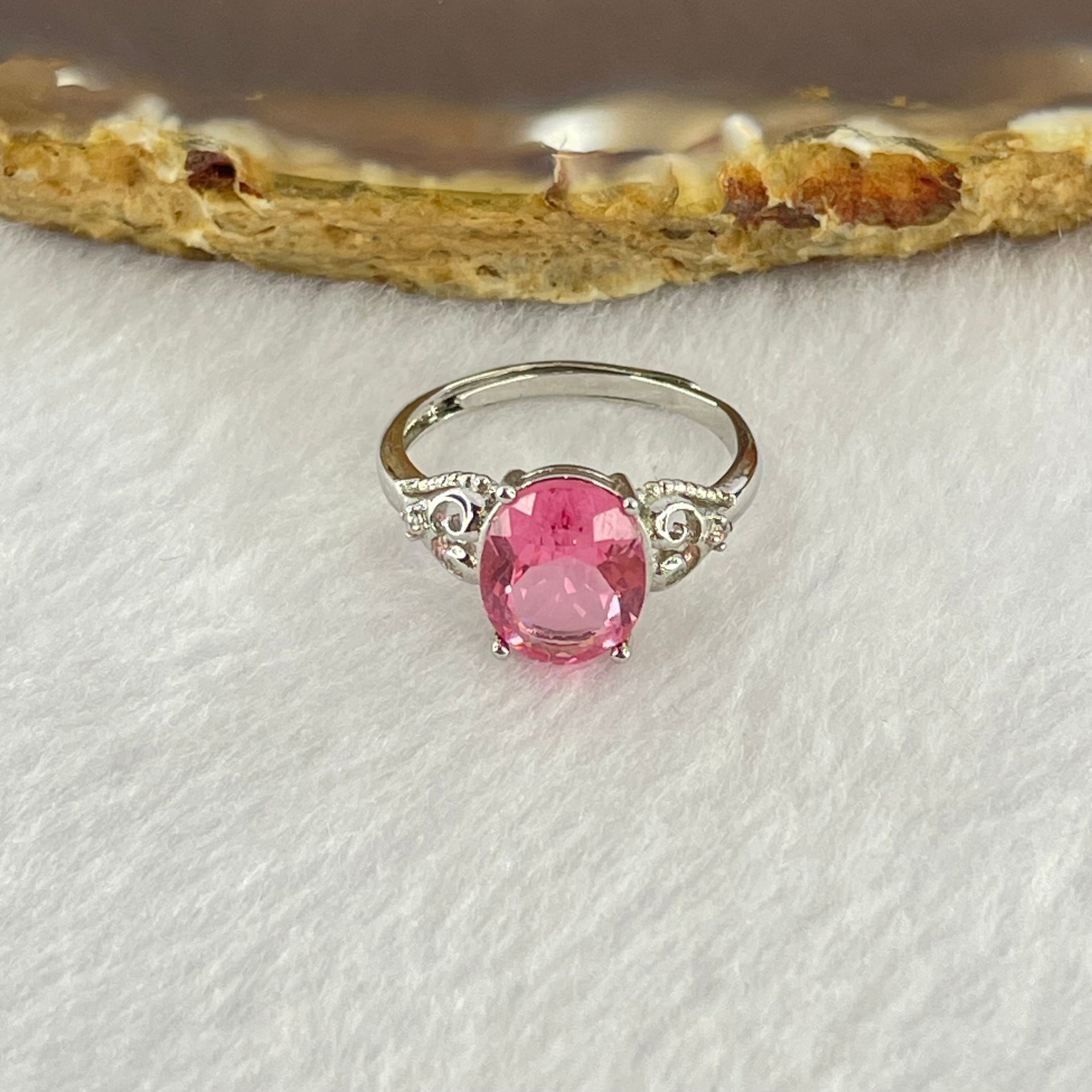 Pink Cubic Zirconia with Crystals in PT950 Plated Sliver Ring (Adjustable Size) 1.95g 9.7 by 7.8 by 5.2mm - Huangs Jadeite and Jewelry Pte Ltd