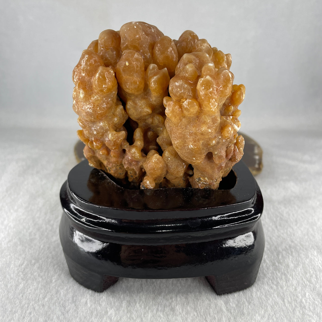 Natural Orange Calcite Rough Display with Wooden Stand 540.6g 109.7 by 94.1 by 123.0mm - Huangs Jadeite and Jewelry Pte Ltd