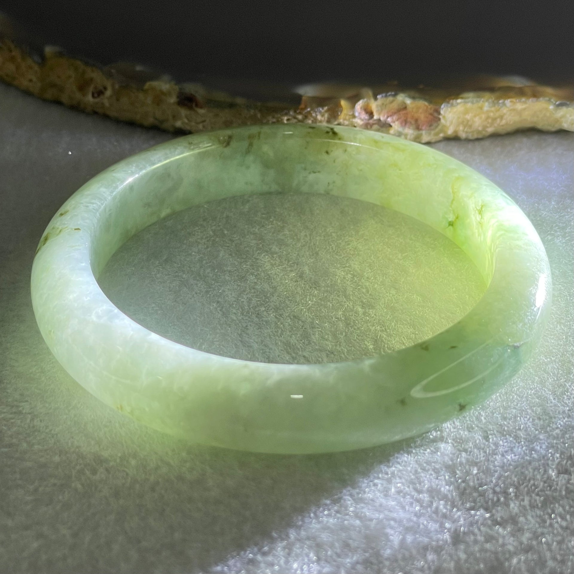Type A Light Green with Green Patches Jadeite Bangle 43.14g Inner Diameter 53.2mm 10.6 by 8.0mm (Slight Internal Lines) - Huangs Jadeite and Jewelry Pte Ltd