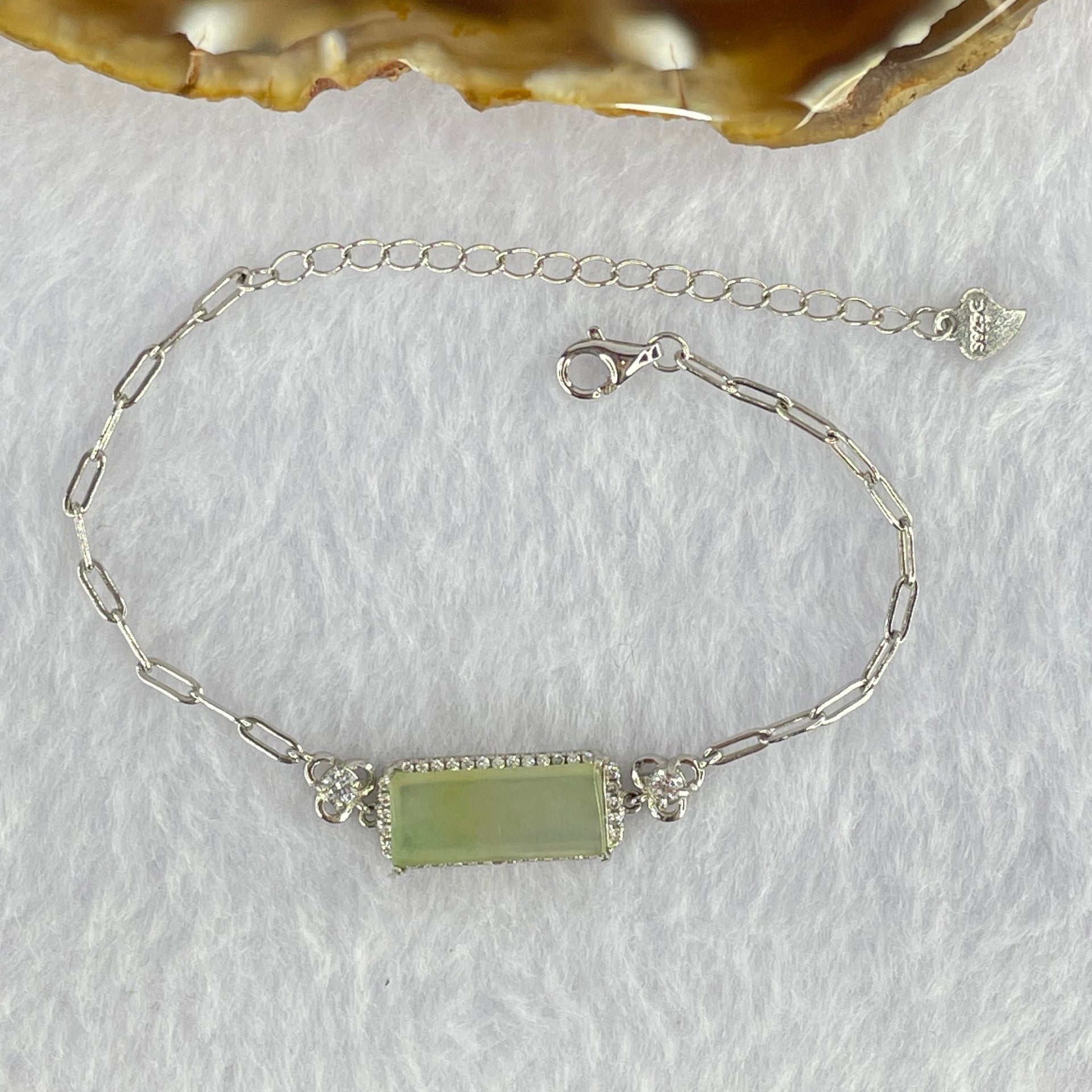 Type A Icy Light Green Jadeite Wu Shi Pai with Crystals in S925 Sliver Bracelet 5.06g 16.6 by 7.4 by 2.5mm - Huangs Jadeite and Jewelry Pte Ltd