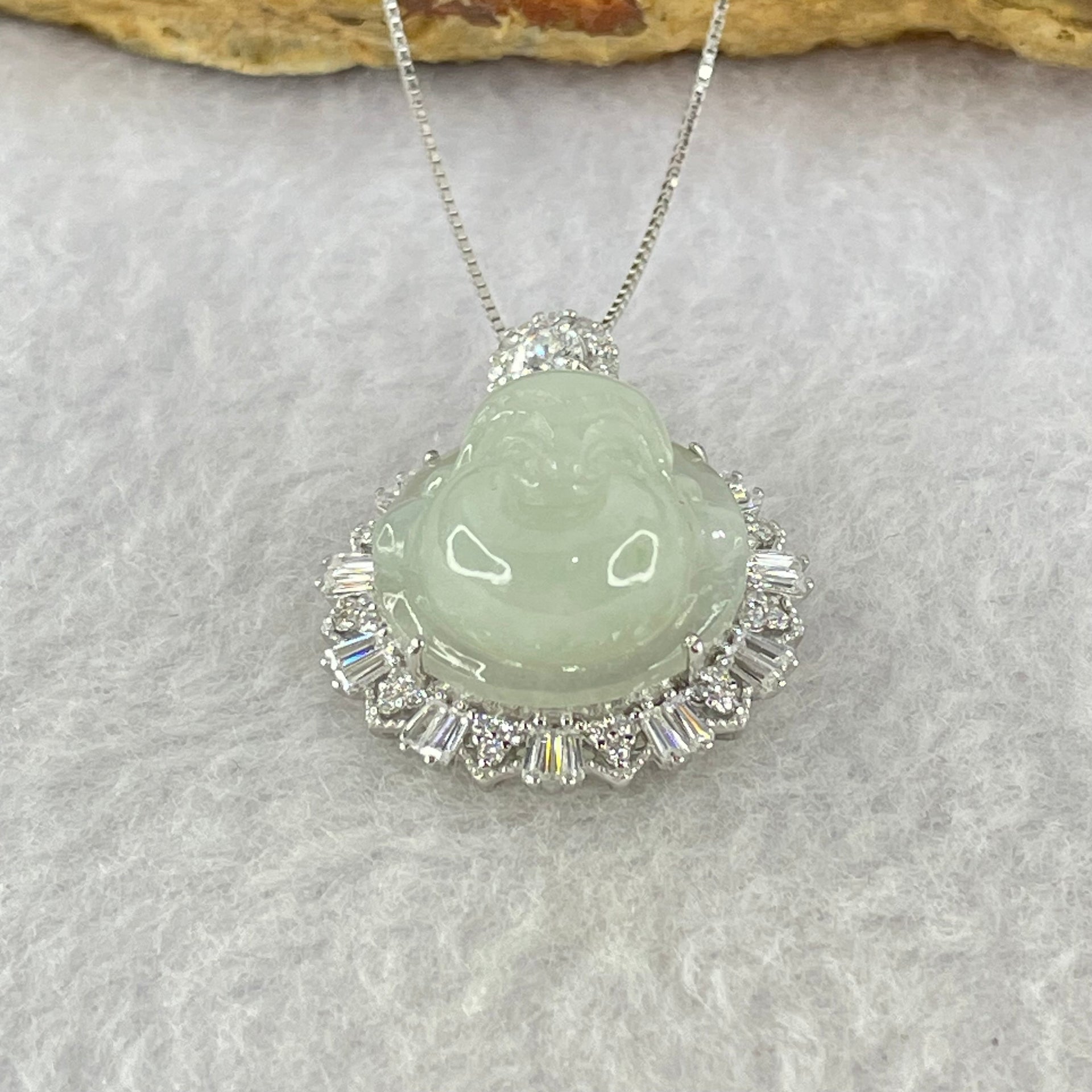 Type A Faint Green Lavender Milo Buddha with Crystals in S925 Sliver Pendant and Necklace 6.77g 16.5 by 16.5 by 7.5mm - Huangs Jadeite and Jewelry Pte Ltd
