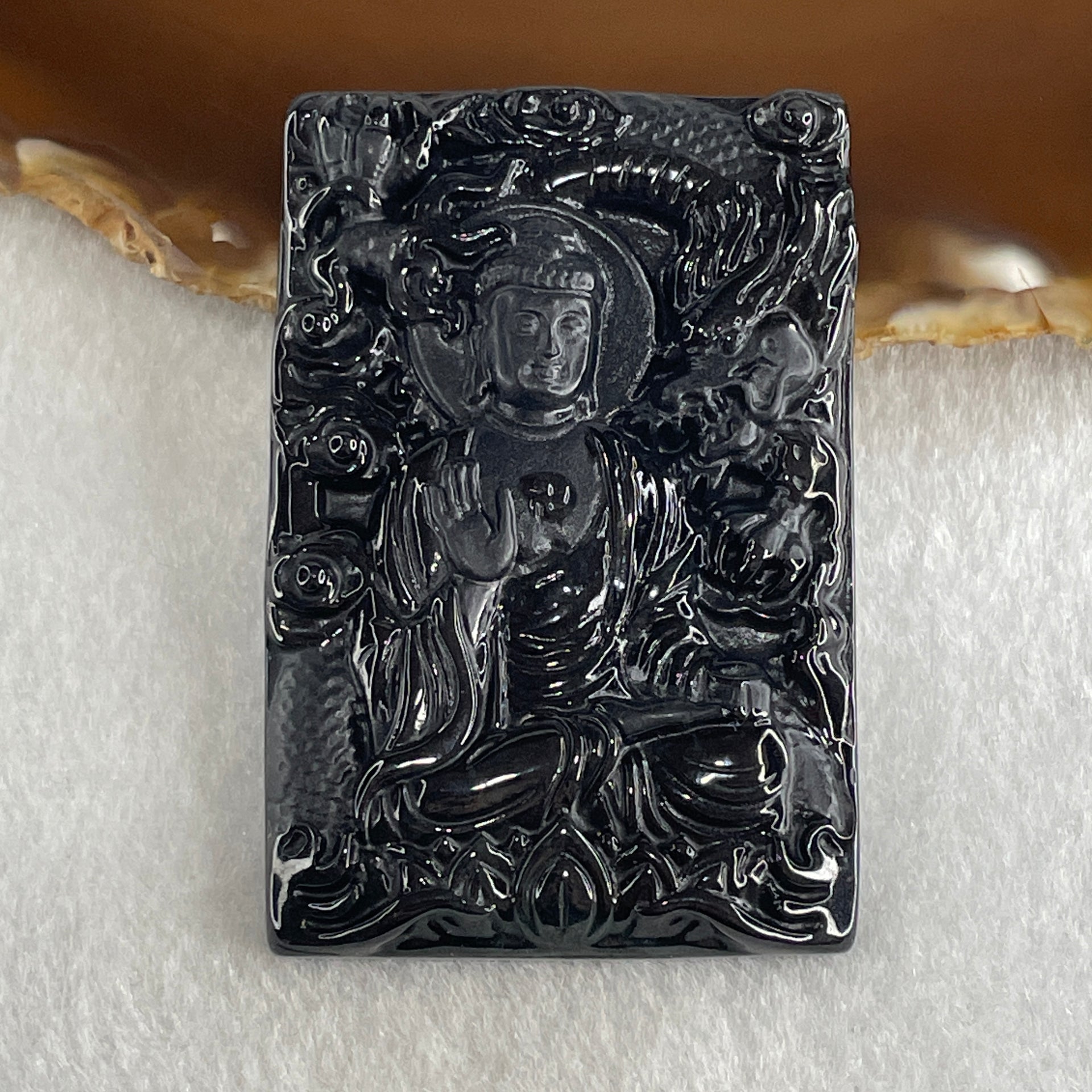 Type A Opaque to Partial Translucent Black Omphacite Jadeite Amitabha Buddha with Dragon Pendant Dog and Boar Pig Zodiac Guardian 37.44g 62.5 by 41.7 by 9.7mm - Huangs Jadeite and Jewelry Pte Ltd
