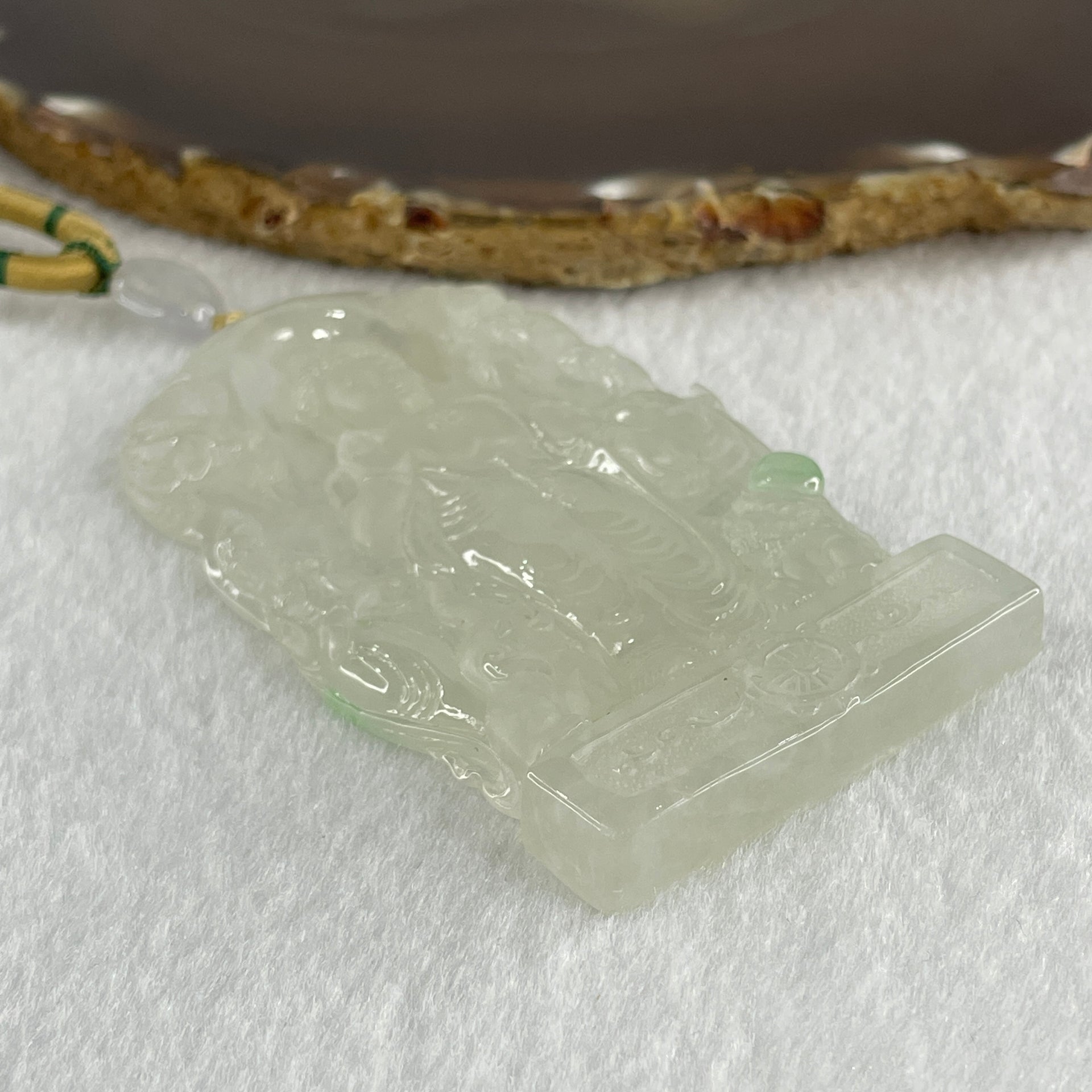 Rare Type A Icy White to Colorless with Green Spot Jadeite Amitabha Buddha with Buddha Double Side and Double Dragon and Elephants Pendant 68.88g 80.5 by 46.3 by 7.9mm - Huangs Jadeite and Jewelry Pte Ltd