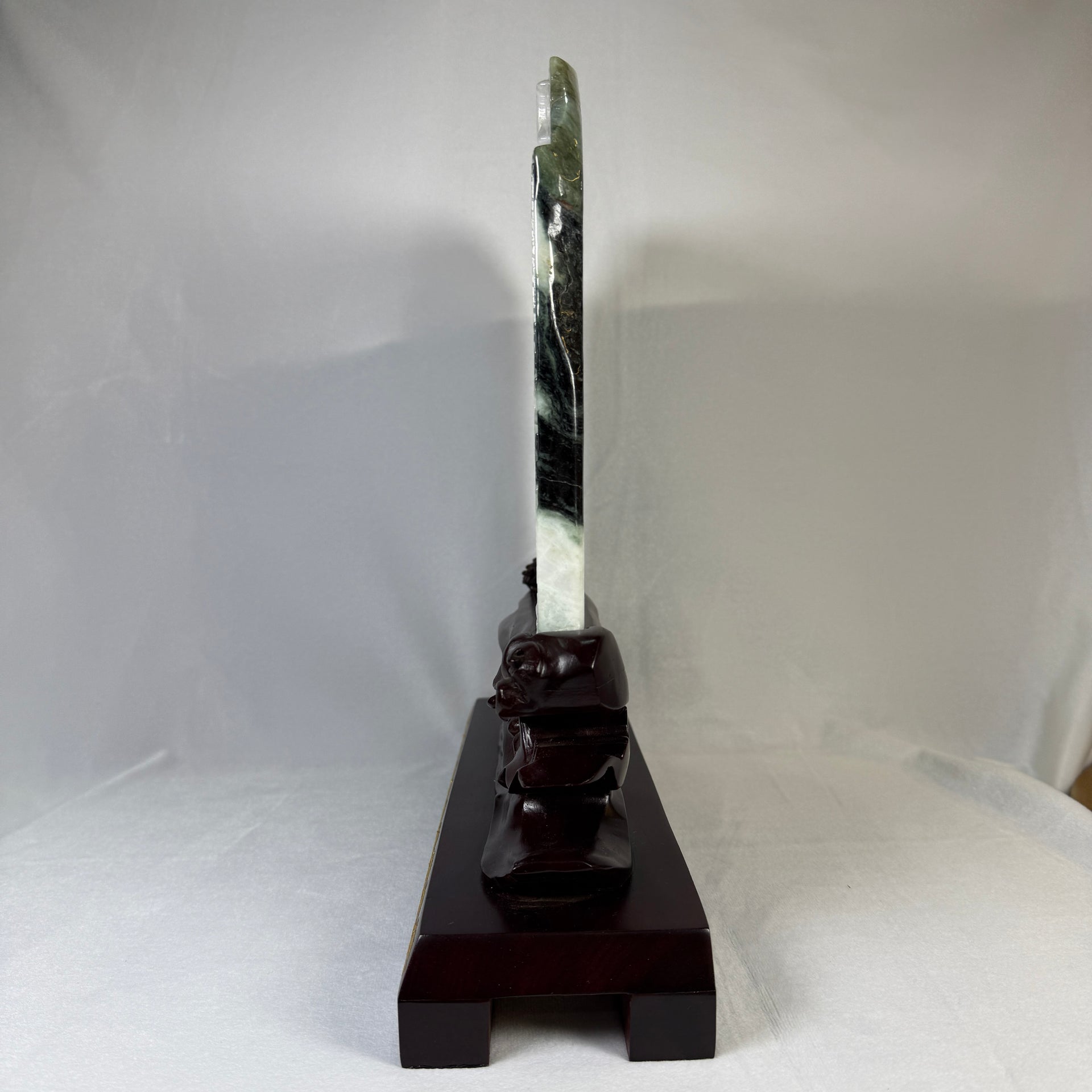 Natural Type A Light Green Light Lavender with Dark Green Patches Jadeite 8 Prosperity Horses with Wooden Stand Display 9,352.7g 275.0 by 100.0 by 360.0mm - Huangs Jadeite and Jewelry Pte Ltd