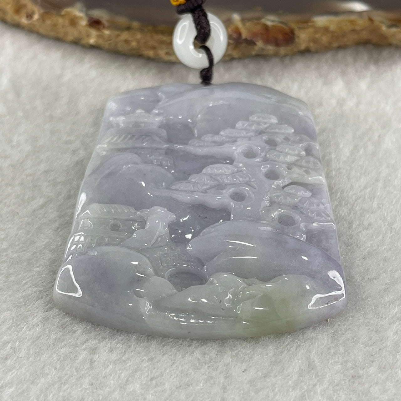 Natural Type A Lavender with Green Spots Jadeite Shan Shui with Gui Ren Benefactor Pendant 38.03g 56.5 by 43.7 by 6.8mm - Huangs Jadeite and Jewelry Pte Ltd