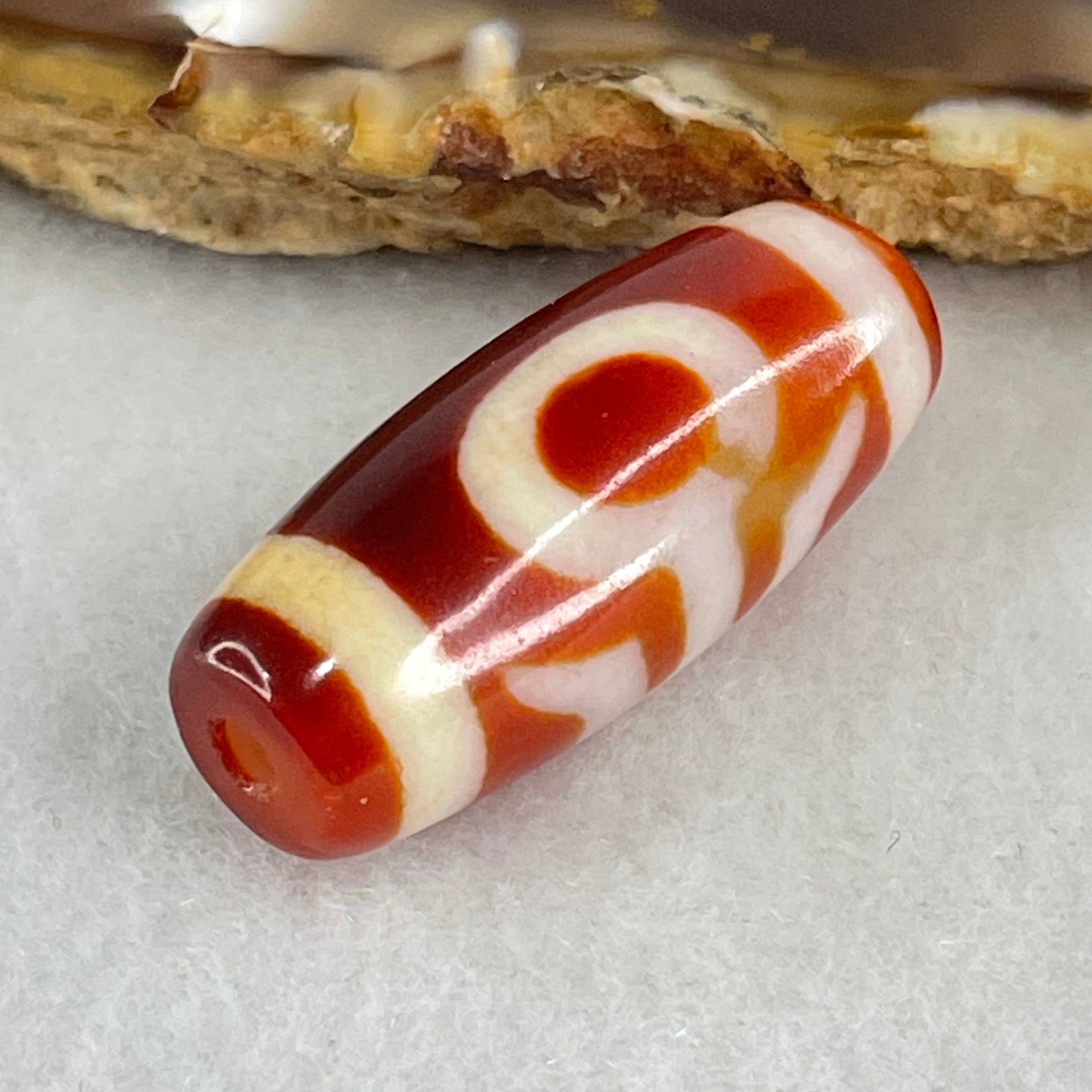 Natural Powerful Tibetan Old Oily Red White Agate Patina Guiren Tairen Human Benefactor Dzi Bead Heavenly Master (Tian Zhu) 贵人天珠 6.21g 28.3 by 12.1mm - Huangs Jadeite and Jewelry Pte Ltd
