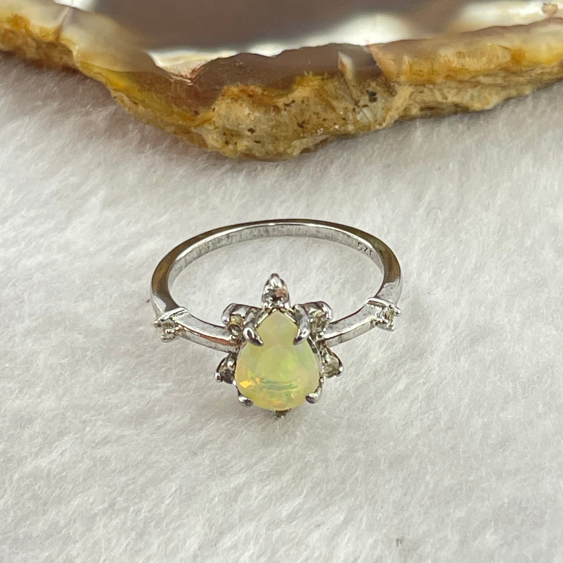 Natural Teardrop Opal 7.5 by 6.0 by 4.0mm with Crystals In S925 Sliver Ring (Adjustable Size) 1.79g - Huangs Jadeite and Jewelry Pte Ltd
