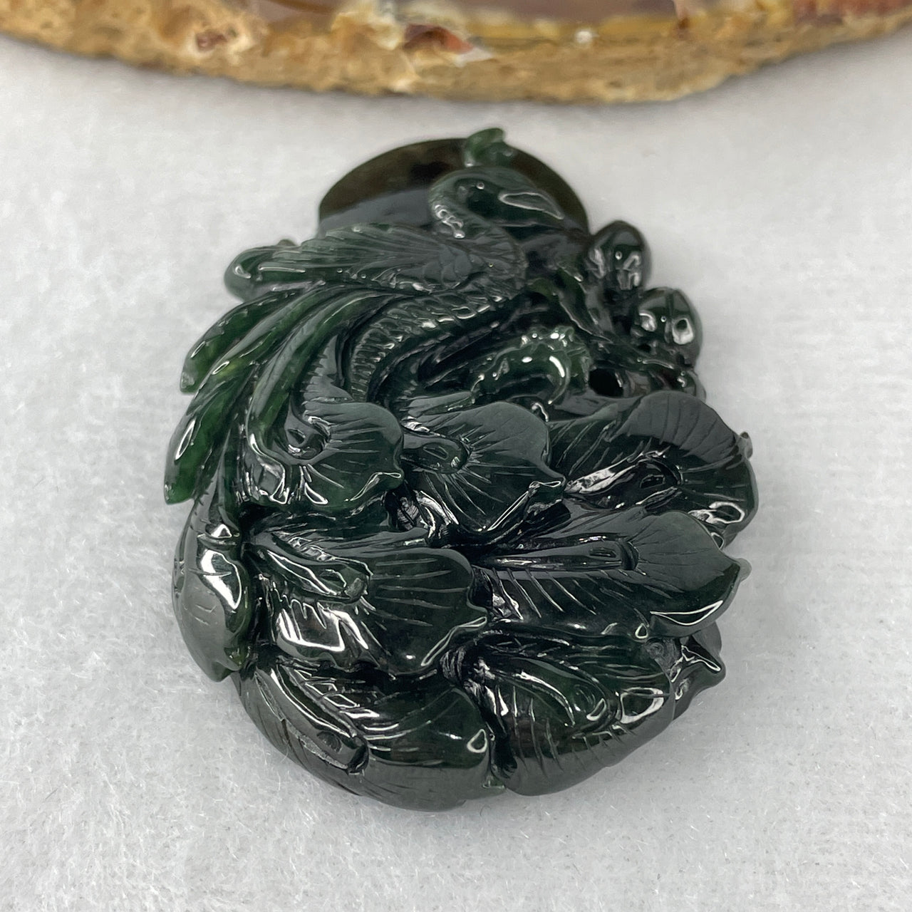 Certified Natural Type A Old-Mine Blueish Green Jadeite Phoenix with Lotus Flower Pendant | Masterpiece Three-Dimensional Carving | Rare Myanmar Feicui Spiritual Ascension & Success Amulet (29.17g | 55.0x36.2x11.4mm)