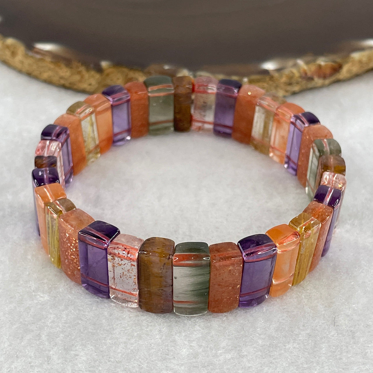 Very Good Grade Natural Multi Treasures Shou Pai Bracelet | 4.8mm Rutilated Quartz, Amethyst, Strawberry Quartz, Sunstone & Cacoxenite Plaque Mala (34.44g | 17cm Wrist Sizing | 34 Pcs)