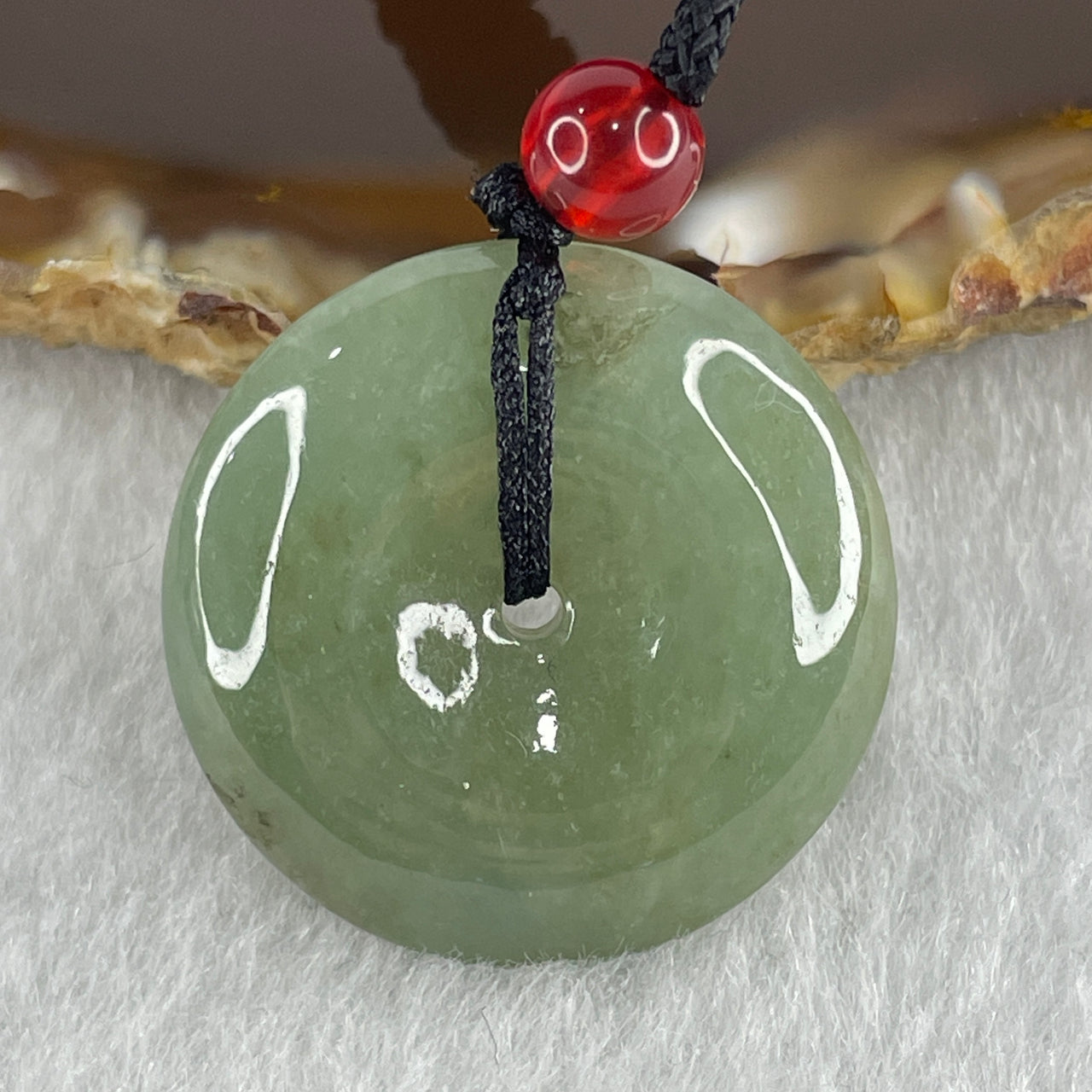 Natural Type A Green Jadeite Ping An Kou Donut Pendant in String Necklace 9.02g 25.2 by 6.3mm