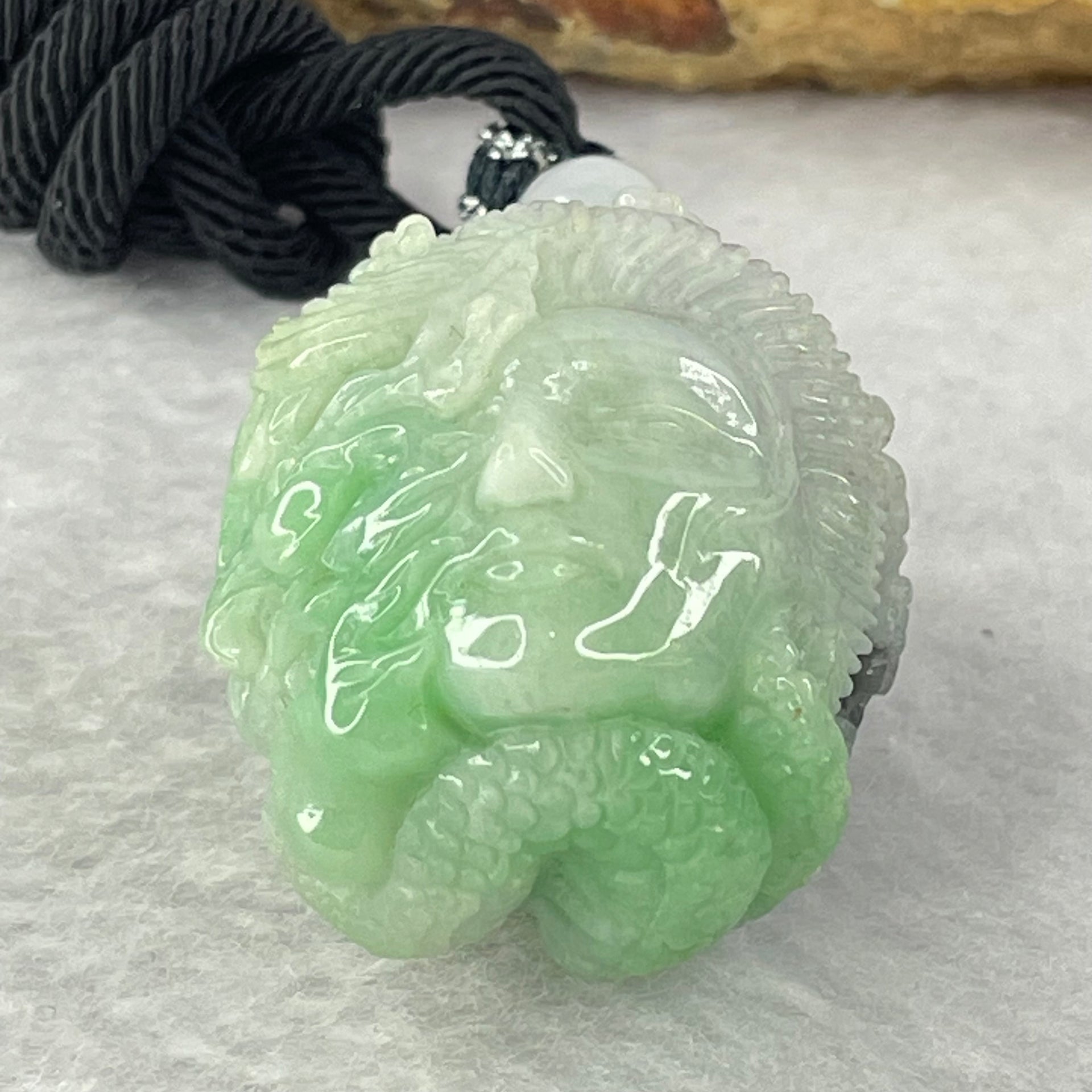 Type A Green with Wuji Grey Jadeite Good vs Evil Pendent 30.72g 31.6 by 24.7 by 23.6mm - Huangs Jadeite and Jewelry Pte Ltd