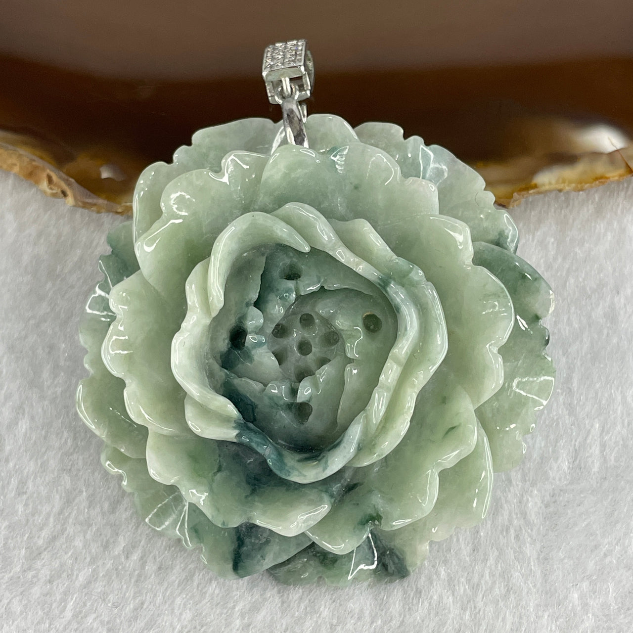 Natural Type A Light Green with Blueish Green piao Hua Flora Jadeite Prosperity Flower Pendant in S925 Silver Clasp with Cubic Zirconia 44.09g 51.7 by 53.3 by 13.5mm