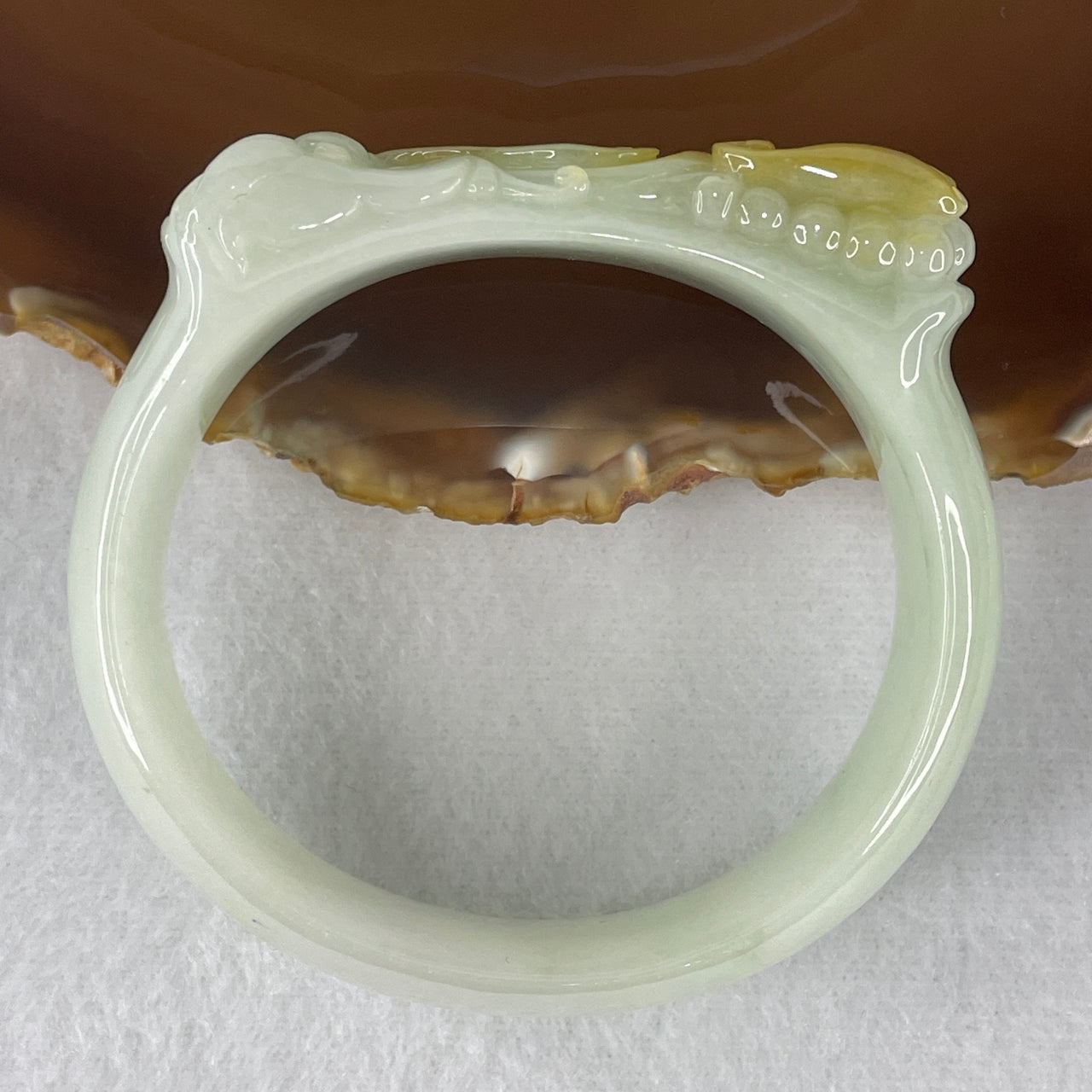 Certified Natural Type A Light Green & Yellowish Patches Jadeite Butterfly & Bat Carved Oval Bangle | Monumental Myanmar Feicui Double Blessing & Abundance Armor Bangle (76.73g 19.7x15.9mm | 56.3mm External Line)