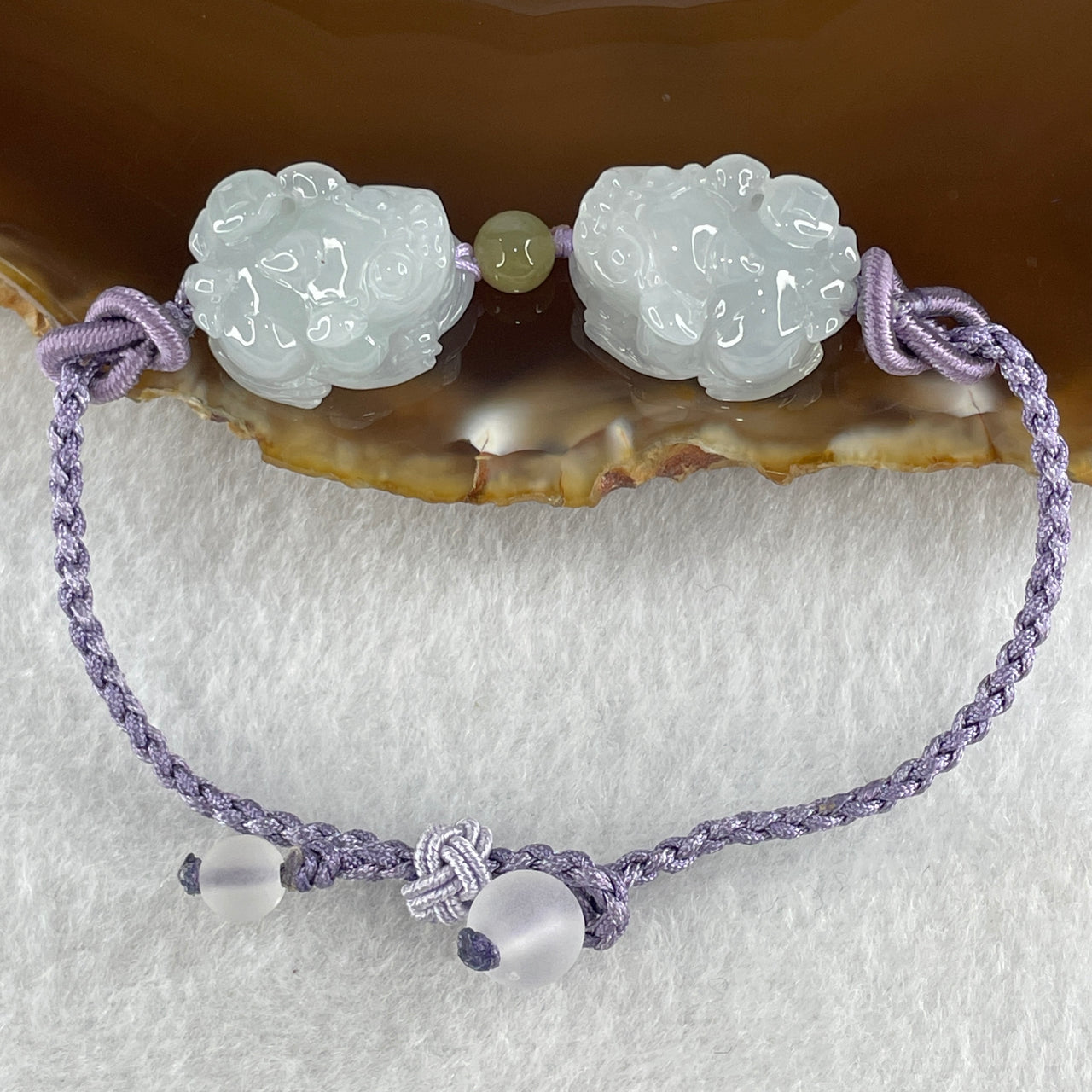 Special Edition Certified Natural Type A Light Lavender Jadeite Male Pixiu Pair in String Bracelet 5.60g each about 19.4 by 15.2 by 11.0mm