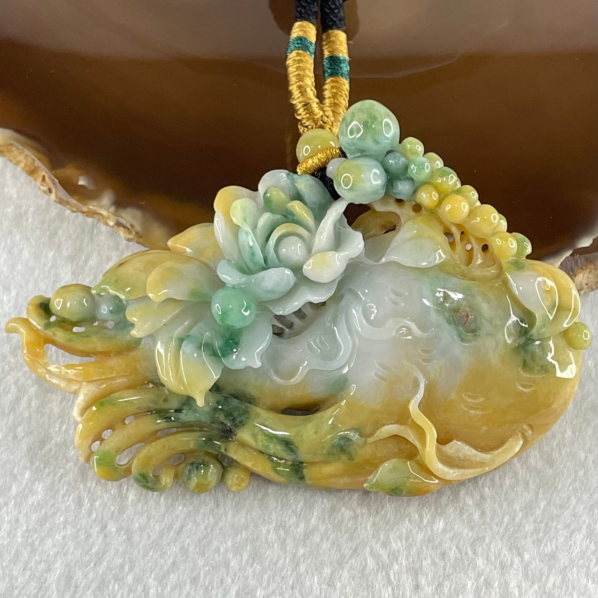 Grandmaster Type A Yellow and Lavender Patches with Old Mine Green Piao Hua Jadeite Flowers Pendant 人生如意 75.81g 84.1 by 55.7 by 14.8mm - Huangs Jadeite and Jewelry Pte Ltd