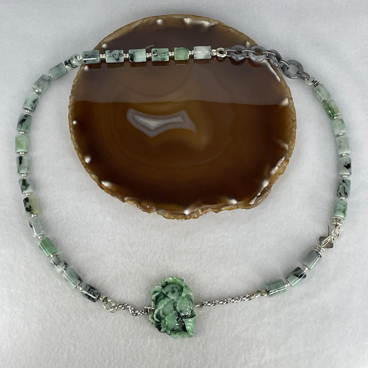 Natural Type A Green & Dark Green Jadeite Lulutong Lotus Flower Ncklace| Adj 48-68cm (118.13g | 33 Lulutong & 39.8x30.8x9.9mm Lotus | Fortune, Purity & Sovereign Protection)