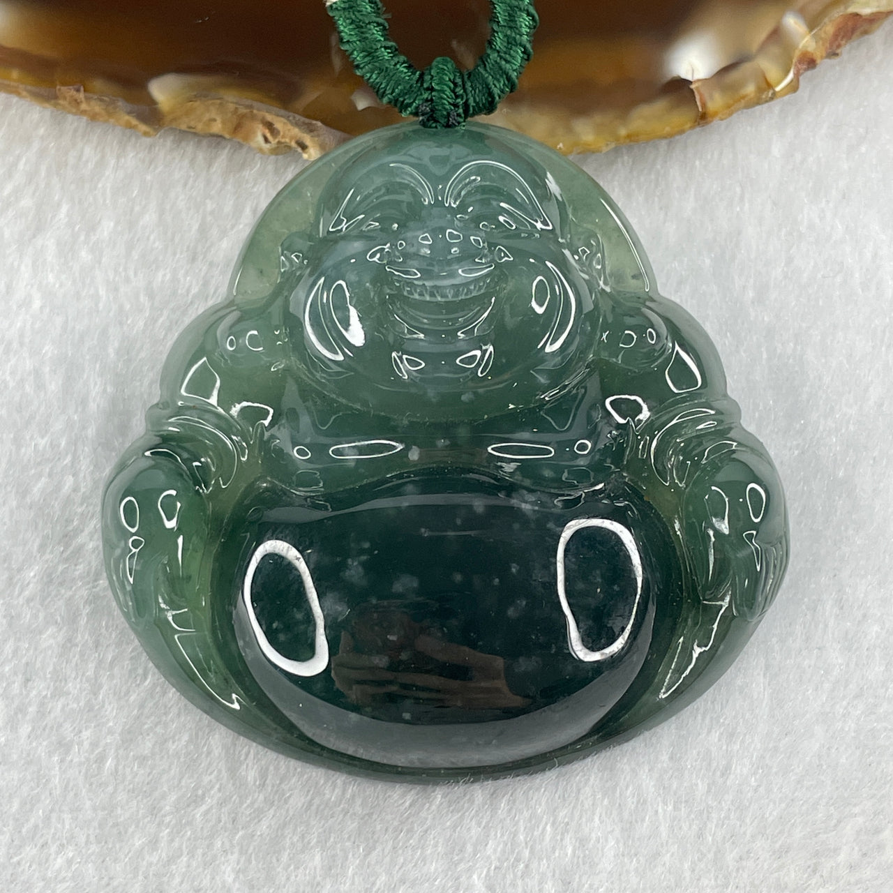 Natural Type A Icy Blueish Green Jadeite Milo Buddha Pendant 56.65g 50.8 by 52.8 by 12.4mm