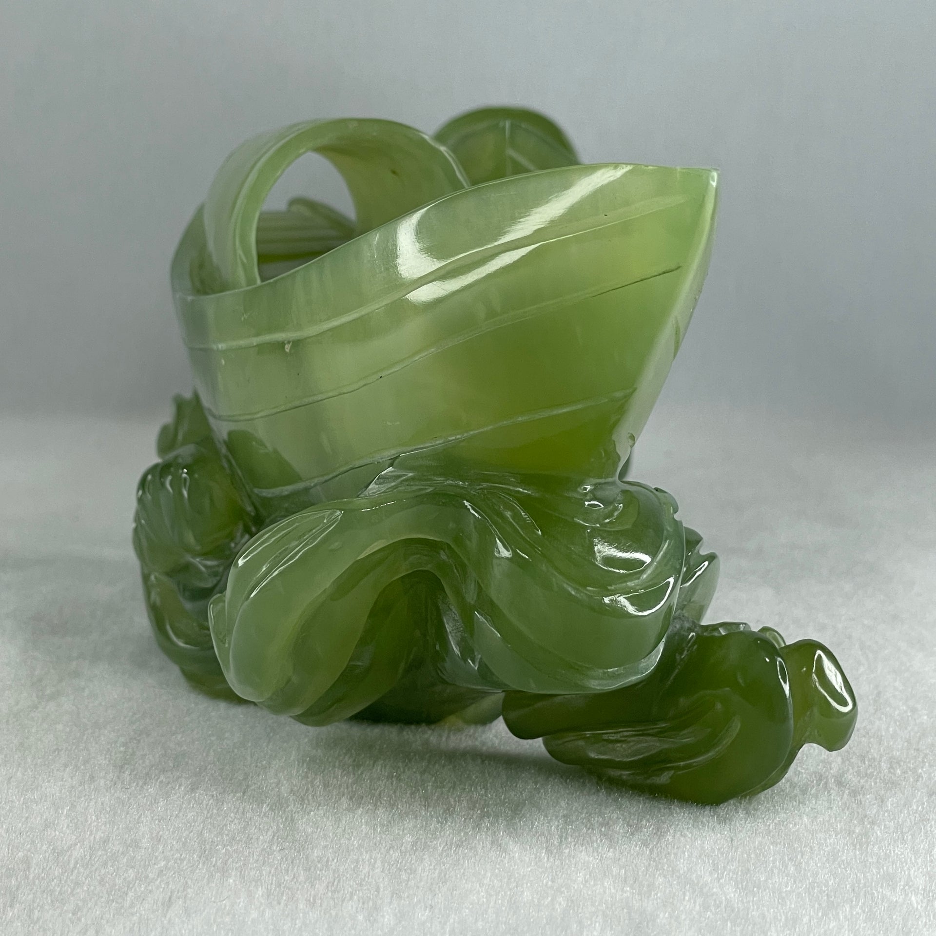 Natural Semi Icy Green Serpentine Double Boats Display 1,692.9g 287.0 by 121.0 by 130.0mm - Huangs Jadeite and Jewelry Pte Ltd