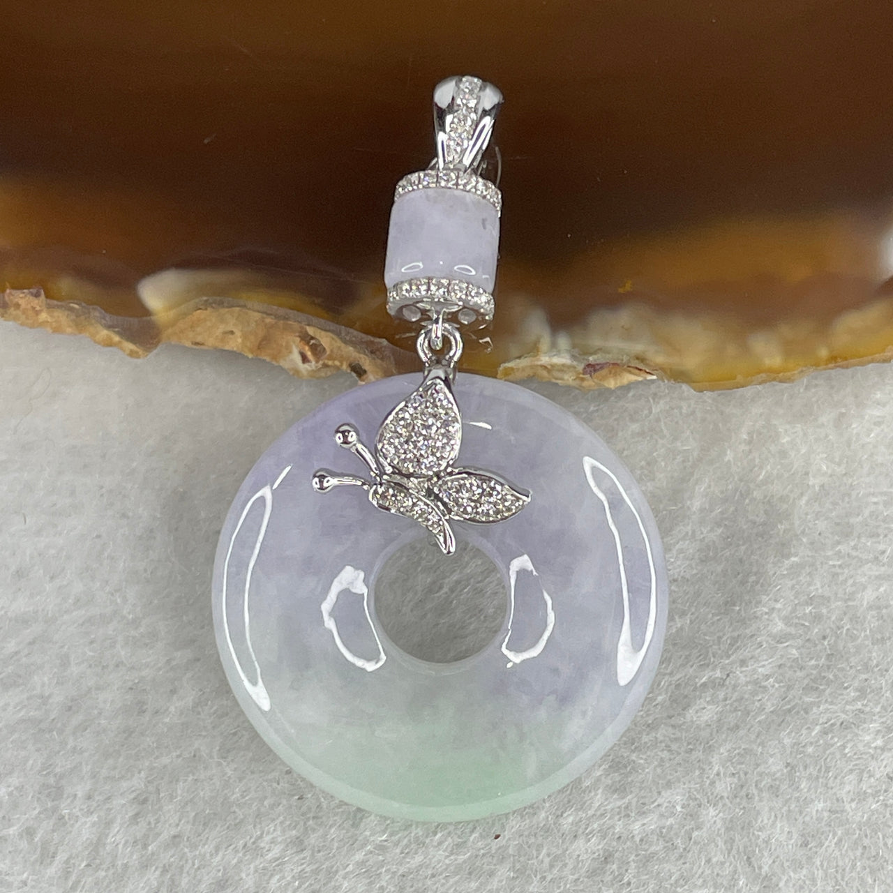 Natural Type A Jadeite Ping An Kou Pendant with Diamonds in 18K White Gold | 24.9x4.9mm Semi-Icy Lavender with Light Green | High-Luxury "Chun Dai Cai" Peace Donut Heirloom (8.11g)