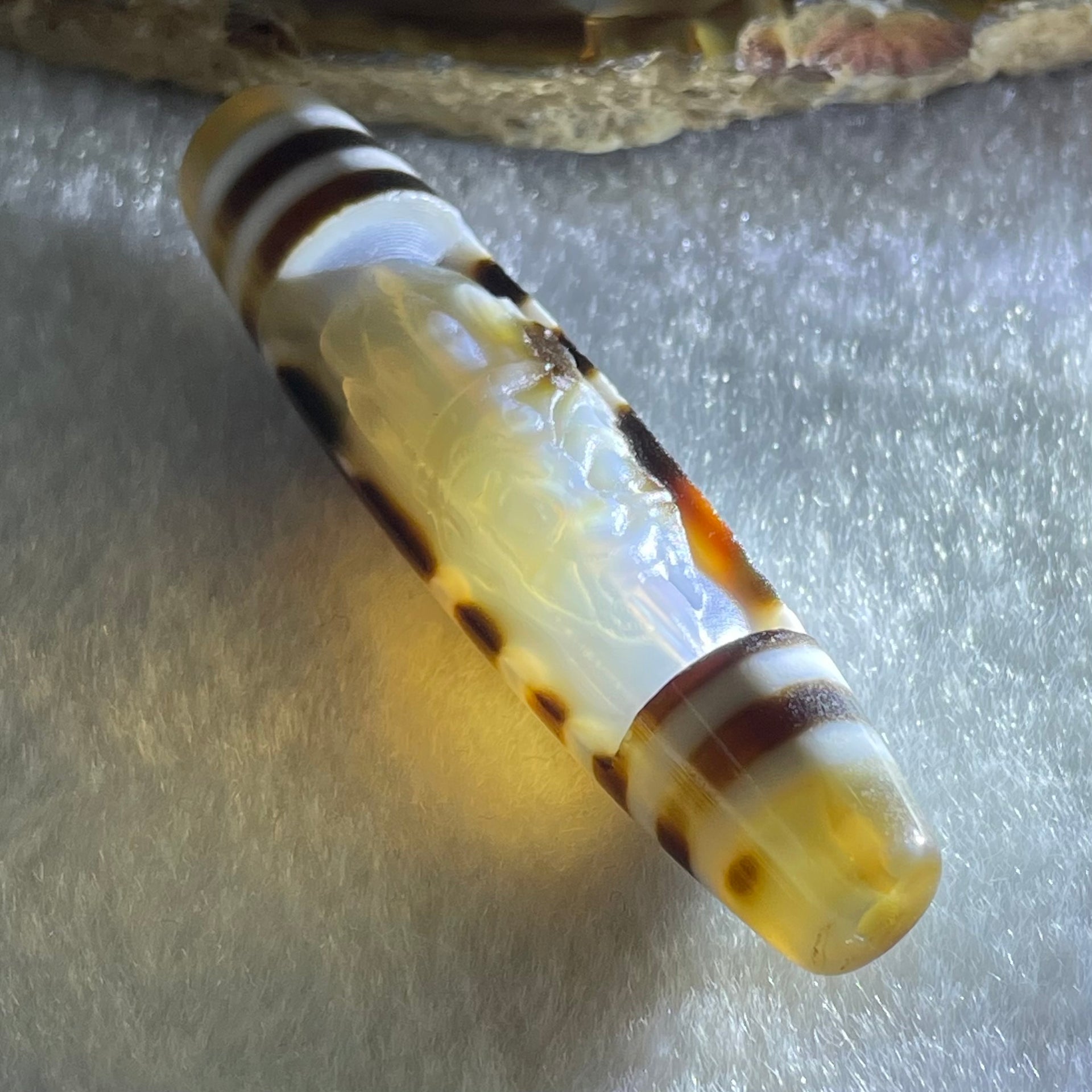 Natural Powerful Tibetan Old Oily Agate 2 Eye with Zha Ji La Mu Female Cai Shen Carvings Dzi Bead Heavenly Master (Tian Zhu) 两眼扎基拉姆女财神天诛 13.65g 57.7 by 13.5mm - Huangs Jadeite and Jewelry Pte Ltd