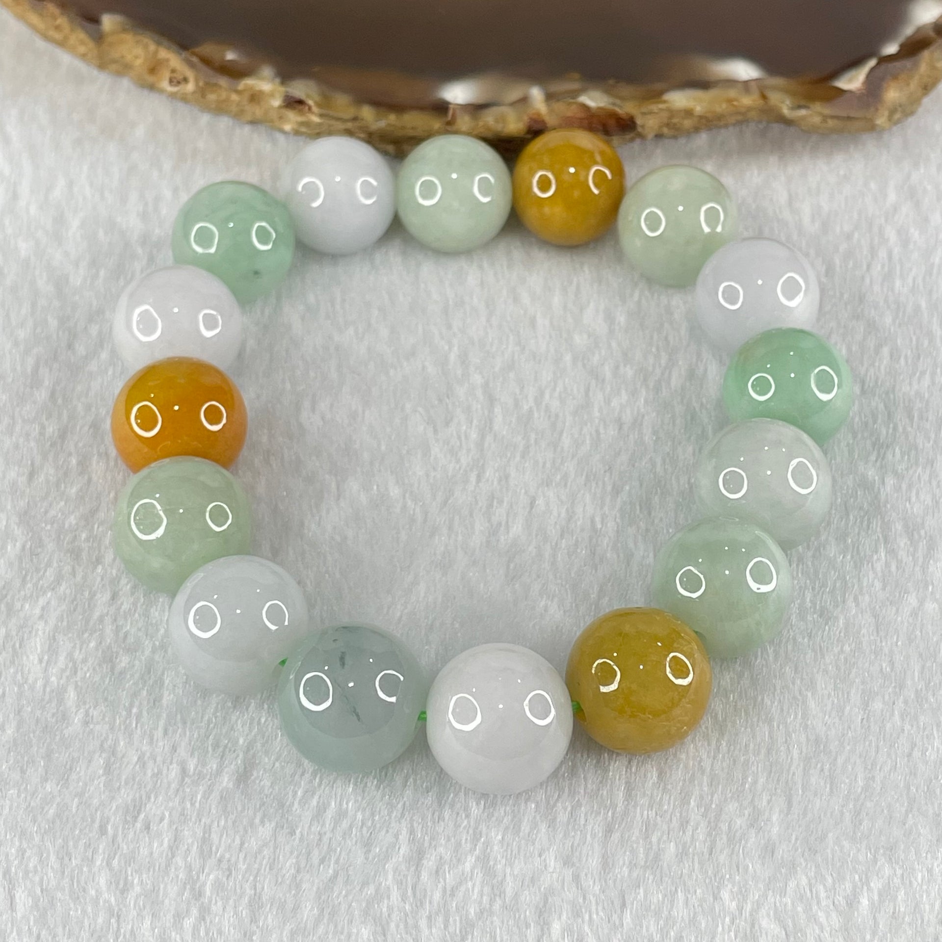 Type A Light Green Faint Lavender and Yellow Jadeite Beads Bracelet 64.31g 18cm 13.5mm 16 Beads - Huangs Jadeite and Jewelry Pte Ltd