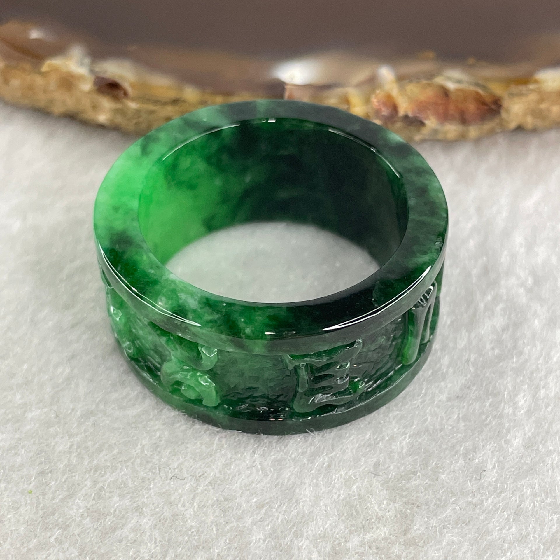 Certified Type A Burmese Old Mine Green Om Mani PadMe Hum Jade Jadeite Ring 11.31g US13.75 HK31 Inner Diameter 23.1mm - Huangs Jadeite and Jewelry Pte Ltd