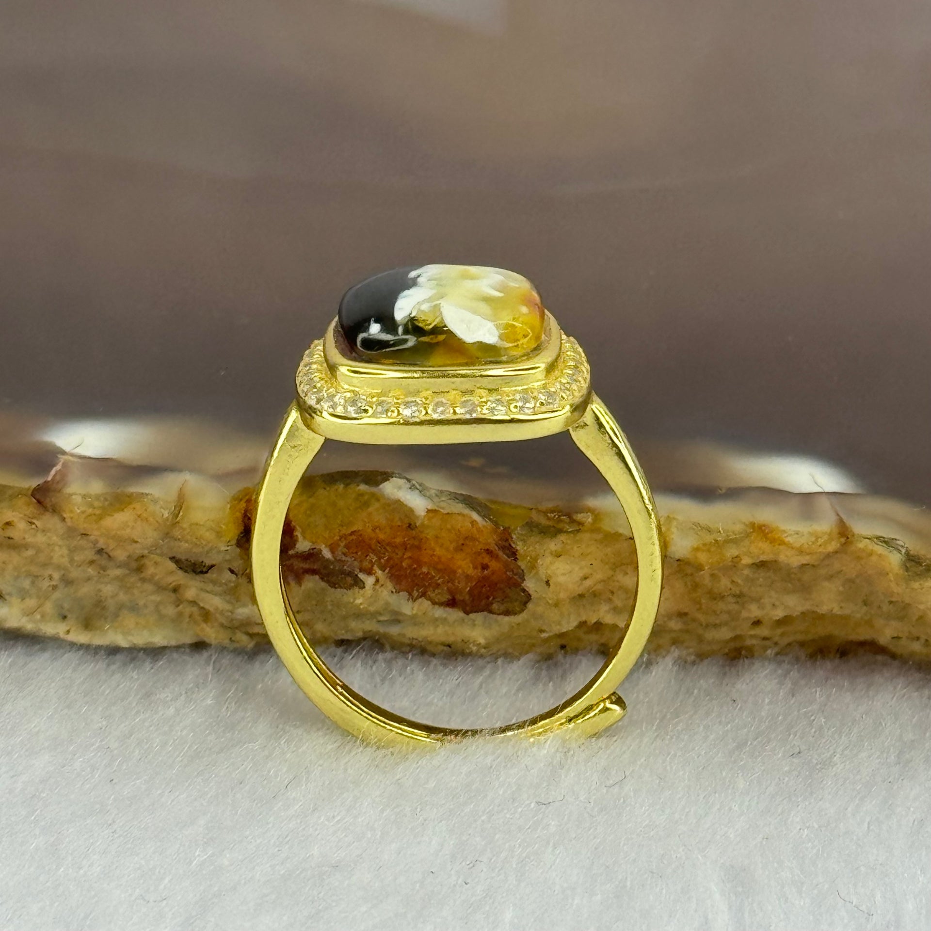 Natural Green Amber with Milk and Yellow Inclusions in S925 Sliver Gold Color Ring (Adjustable Size) 2.74g 9.0 by 3.0mm - Huangs Jadeite and Jewelry Pte Ltd