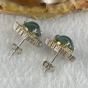Type A Icy Blueish Green Jadeite Cabochons With Crystals in S925 Sliver Earrings 3.72g 7.1 by 4.5mm - Huangs Jadeite and Jewelry Pte Ltd
