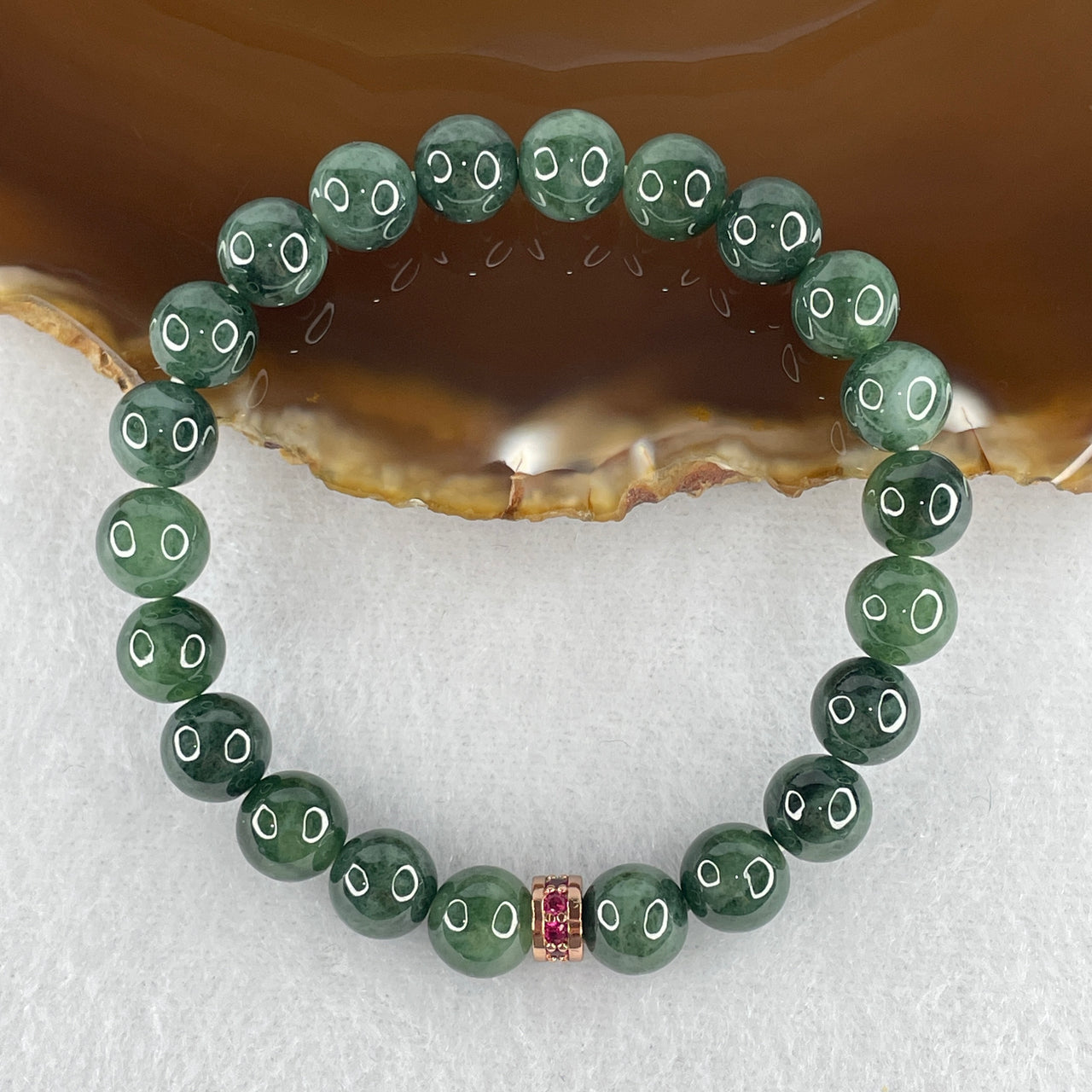 Old Mine Type A Green Jadeite Bracelet | 15cm Small 8.0mm Round Genuine Dark Green Piao Hua Floating Flora Bead Strand (20.55g, 22 Beads)