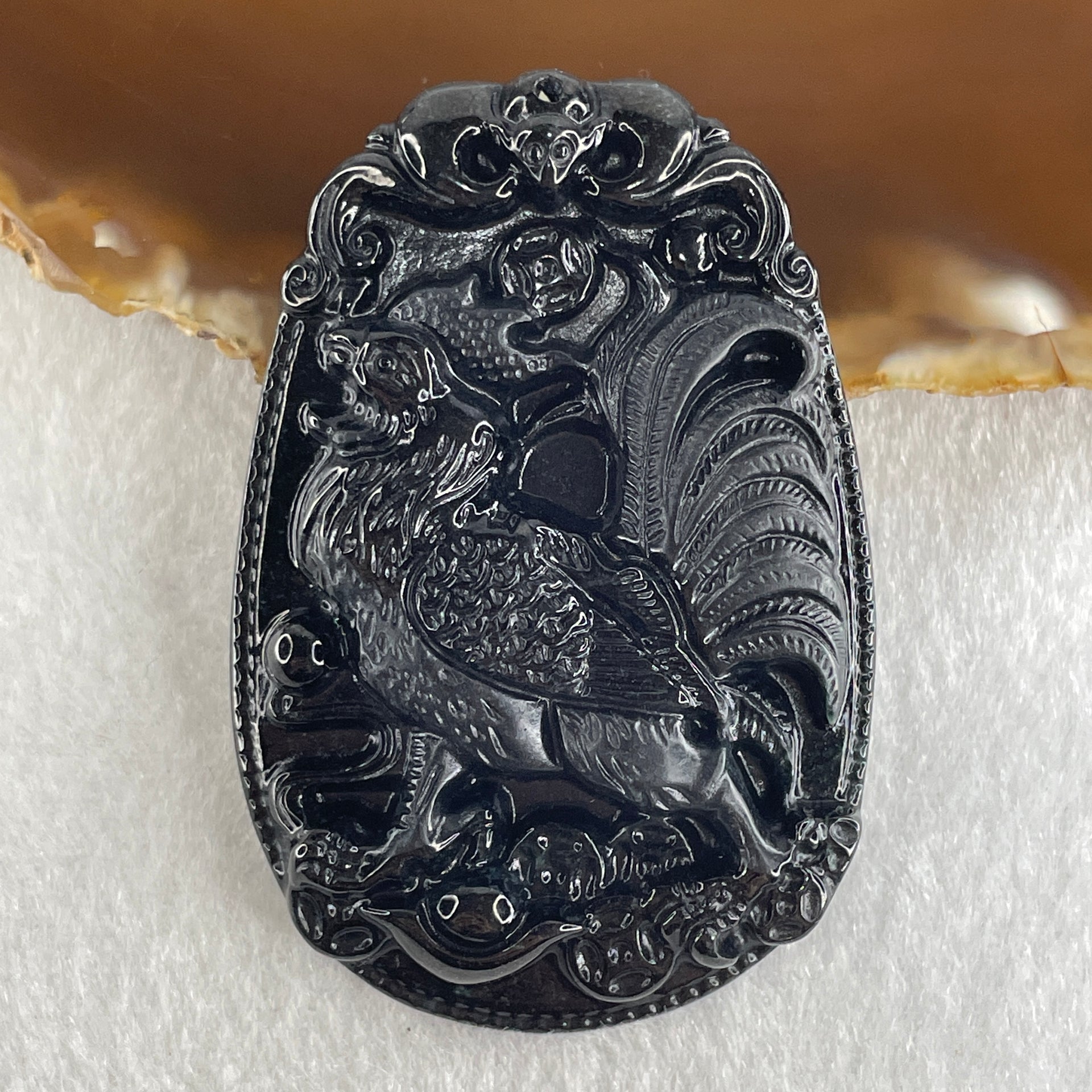 Type A Opaque to Partial Translucent Black Omphacite Jadeite Rooster Pendant 25.65g 59.3 by 40.1 by 8.9mm - Huangs Jadeite and Jewelry Pte Ltd