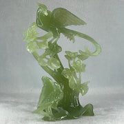 Natural Green Serpentine Phoenix with Double Magpies Birds on Tree with Wooden Stand Display 770.6g 155.0 by 125.0 by 230.0mm - Huangs Jadeite and Jewelry Pte Ltd