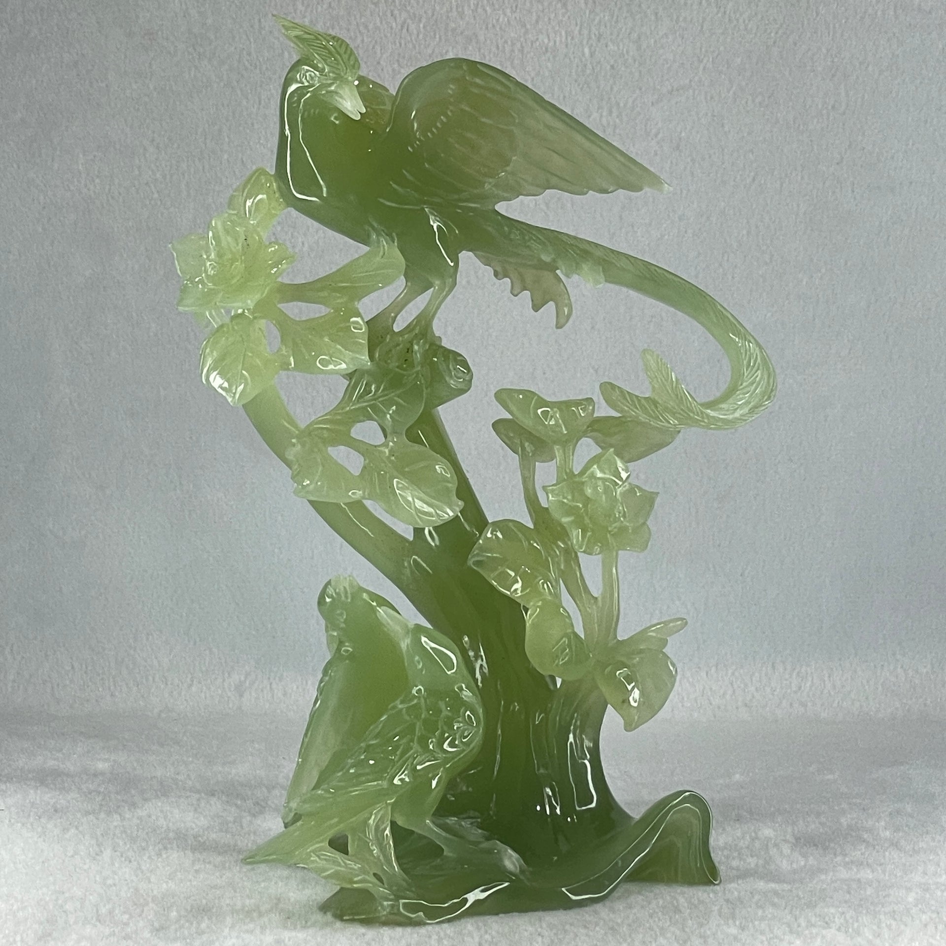 Natural Green Serpentine Phoenix with Double Magpies Birds on Tree with Wooden Stand Display 770.6g 155.0 by 125.0 by 230.0mm - Huangs Jadeite and Jewelry Pte Ltd