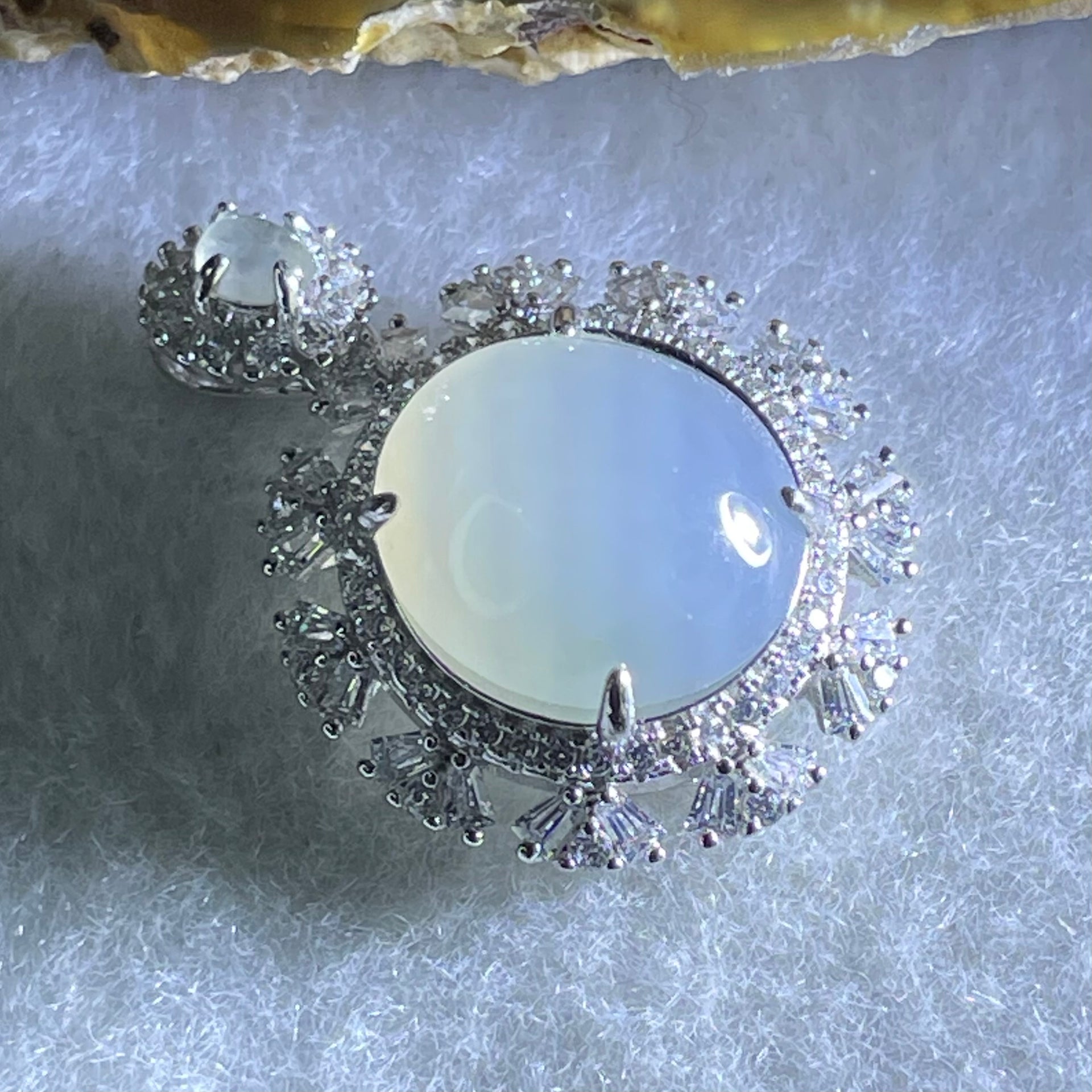 Type A Icy Deep Lavender Cabochon Jadeite in S925 Sliver with Crystal Charm 3.78g 12.8 by 11.9 by 6.0mm - Huangs Jadeite and Jewelry Pte Ltd