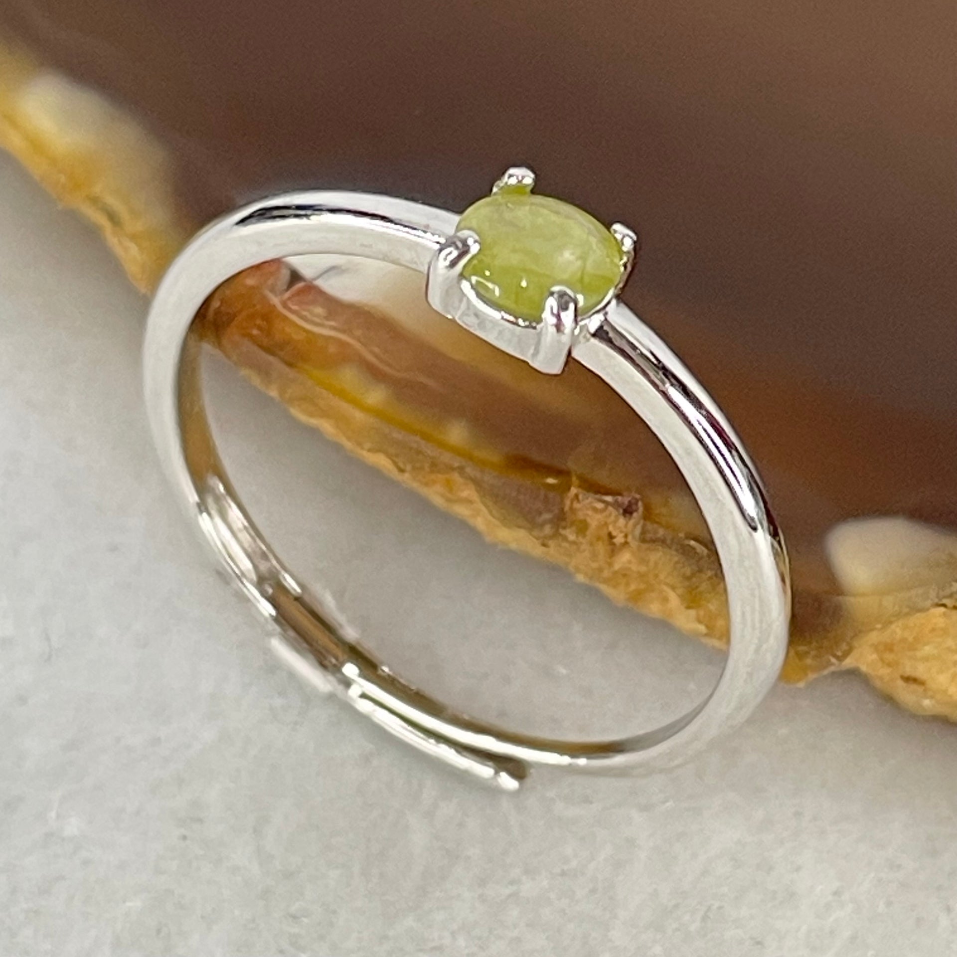 Type A Semi Icy Green Cabochon Jadeite in S925 Sliver Ring (Adjustable Size) 1.02g 4.1 by 1.5mm - Huangs Jadeite and Jewelry Pte Ltd